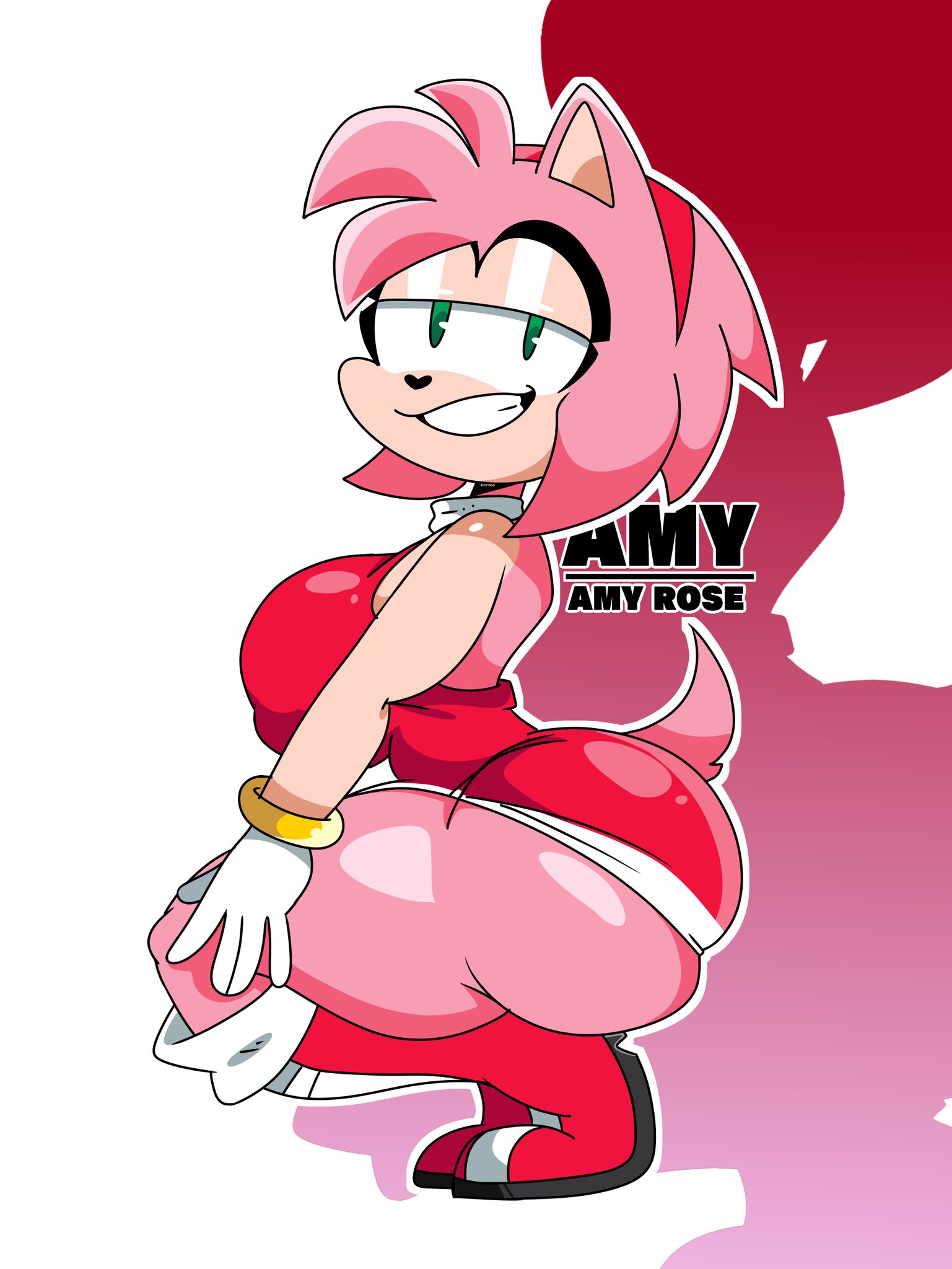 1girls, amy rose, anthro, ass, big ass, big breasts, boots, breasts, clothed, clothing, female, female only, furry, green eyes, horaco, looking at viewer, miniskirt, pink body, side view, sideboob, skimpy, solo, sonic (series), sonic the hedgehog (series), squatting, tail, thehoraco, thick thighs