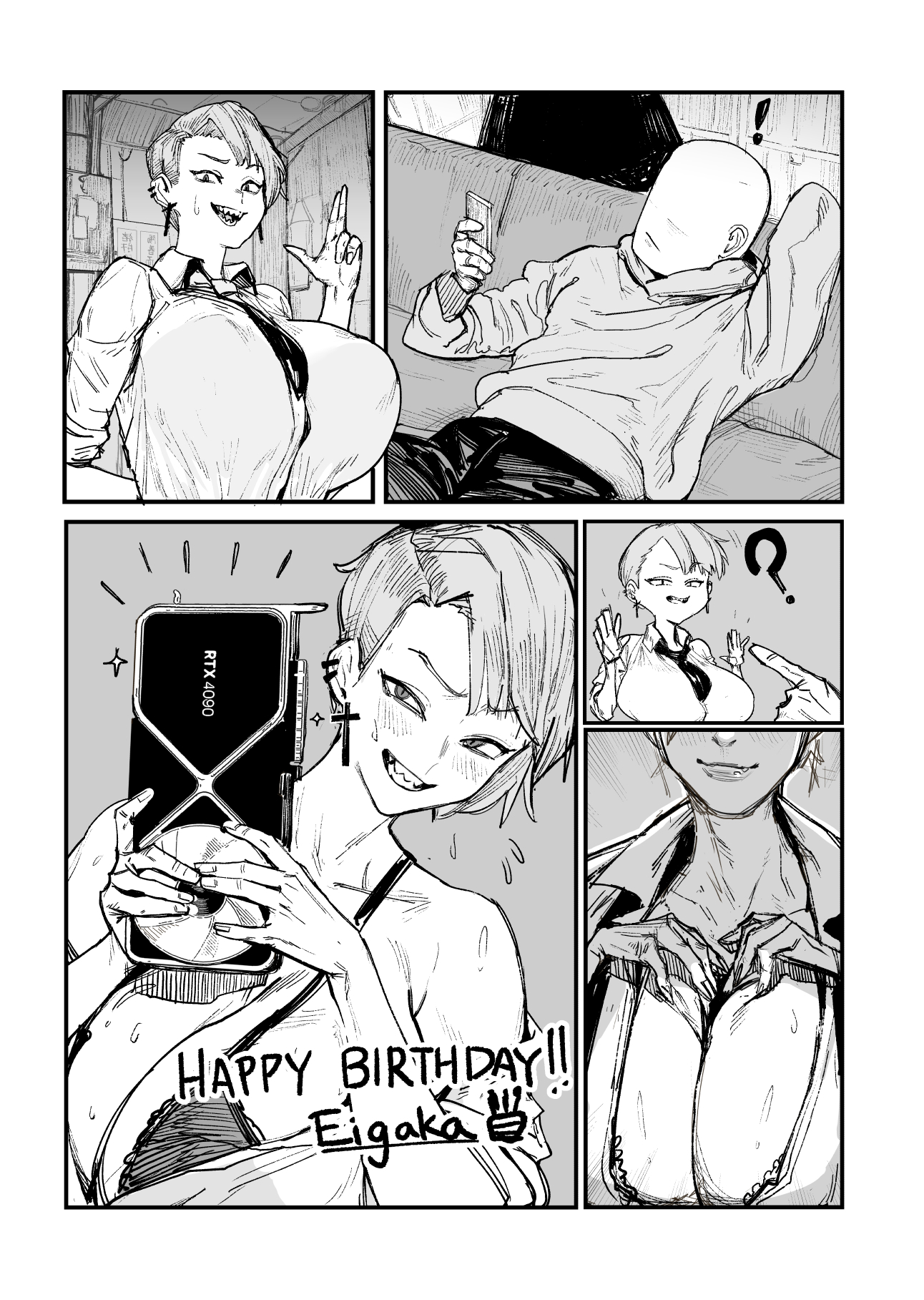 1boy, 1girls, 4 orz, blush, bra, breasts, cleavage, eigaka, female, female focus, fully clothed, huge breasts, large breasts, male, massive breasts, monochrome, mostly clothed, nell (eigaka), sharp teeth, short hair, smile, sweat, tented shirt, tie