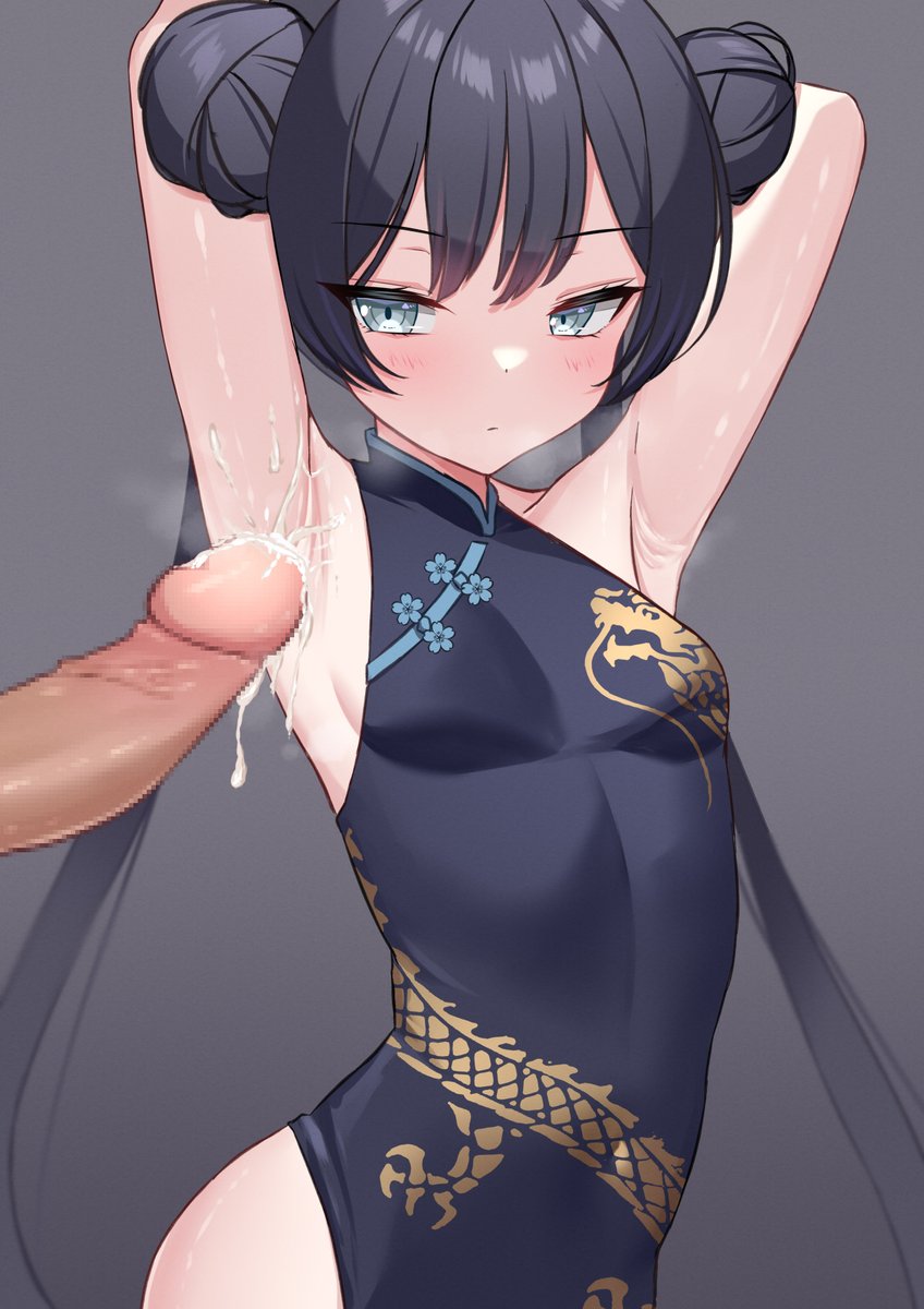 1boy armpit_sex armpits arms_behind_head bad_id bad_twitter_id black_dress black_hair blue_archive blush breasts censored china_dress chinese_clothes commentary covered_navel cum cum_on_armpits cum_on_body double_bun dragon_print dress female genryumon_(blue_archive) grey_eyes hair_bun highres impossible_clothes impossible_dress kisaki_(blue_archive) long_hair maru.selinn mosaic_censoring penis presenting_armpit print_dress shanhaijing_secondary_school_student short_dress skin_tight sleeveless sleeveless_dress small_breasts solo_focus steaming_body straight twintails young