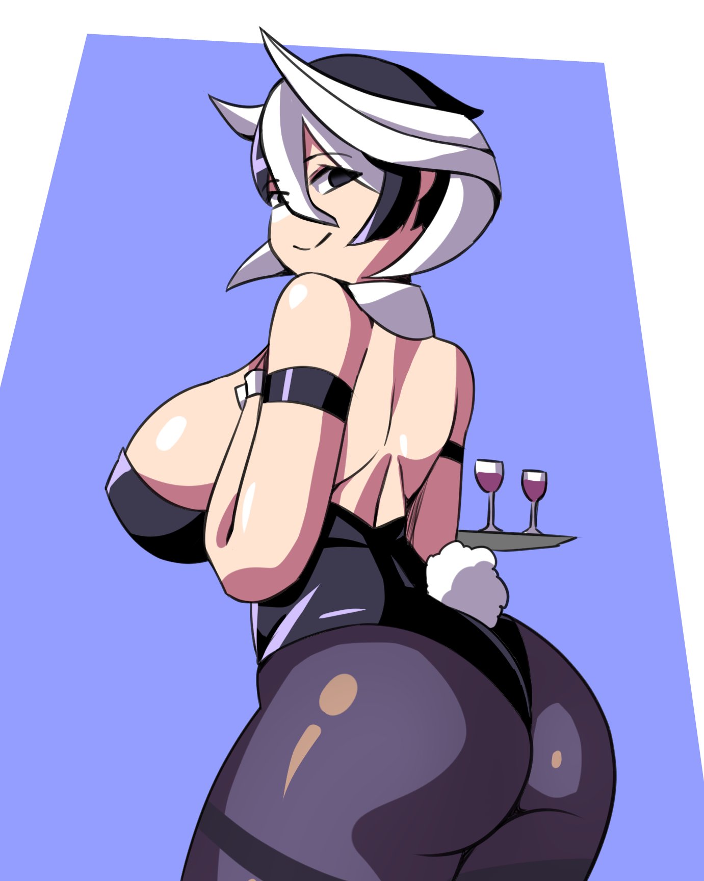 alternate costume, armbands, ass, big ass, big breasts, black and white hair, black eyes, black legwear, breasts, bubble ass, bubble butt, bunny ears, bunny girl, bunny tail, bunnysuit, detached collar, female, female only, hair between eyes, huge ass, huge breasts, large breasts, looking at viewer, looking back, made in abyss, ozen, pantyhose, playboy bunny, presenting hindquarters, ruw ruler, short hair, sideboob, smile, solo, thick thighs, thighband pantyhose, tray, waitress, wide hips, wine, wine glass