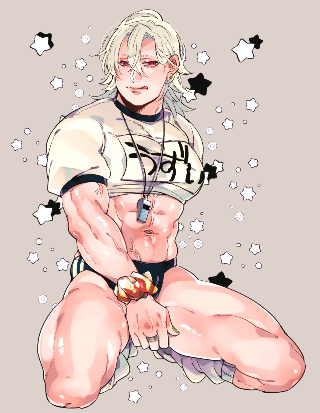 abs, alternate costume, bare midriff, buruma, crop top, crossdressing, crouching, demon slayer, earrings, full body, gym uniform, hair between eyes, hair down, kimetsu no yaiba, kyu 717, licking lips, long hair, long-haired male, loose socks, male, male only, muscles, muscular, muscular male, muscular thighs, red eyes, ring, solo, squatting, thick thighs, tongue, tongue out, uzui tengen, veins, veiny muscles, whistle around neck, white hair, wrist scrunchie