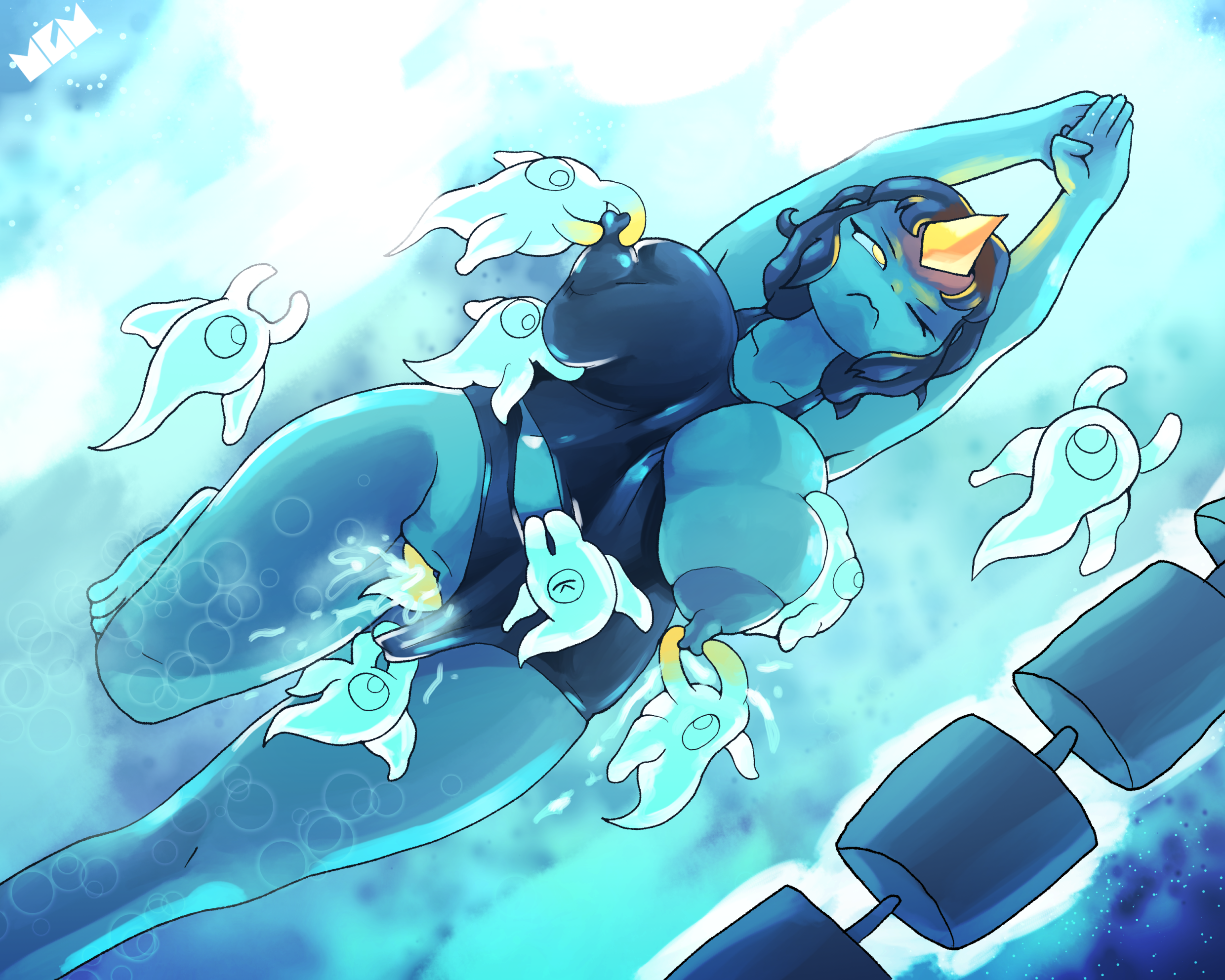 anthro, lactating, lora (tmogumi), magic, nipple play, parasite, ripping clothing, squirting, swimsuit, tmogumi, underwater, underwater sex