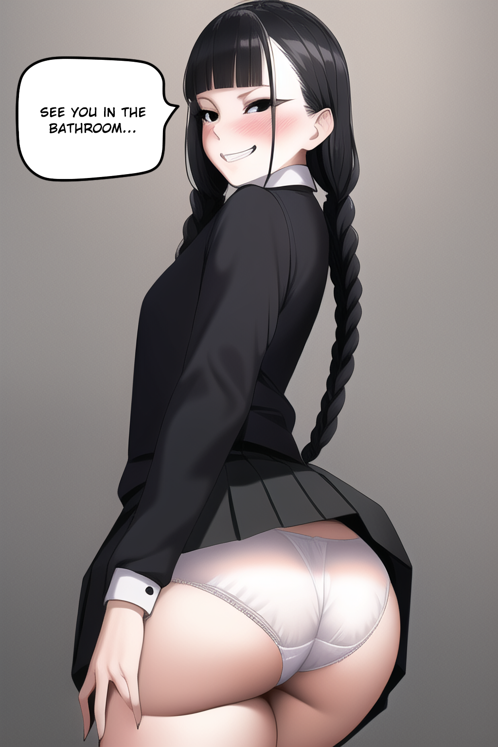 ai_generated anime_style ass_grab awkward awkward_situation big_ass big_butt black_background black_bra black_eyes black_hair black_skirt black_sweater blush blush_lines blushing_at_viewer braid braids compliment cute cute_face english_text formal formal_clothes formal_wear goth goth_girl gothic grabbing_ass huge_ass looking_at_viewer pale pale-skinned_female pale_skin ribbon ribbon_choker serious serious_face simple_background skirt smirk speech_bubble stable_diffusion surrounded teenager text the_addams_family twin_braids uncomfortable wednesday_addams white_shirt