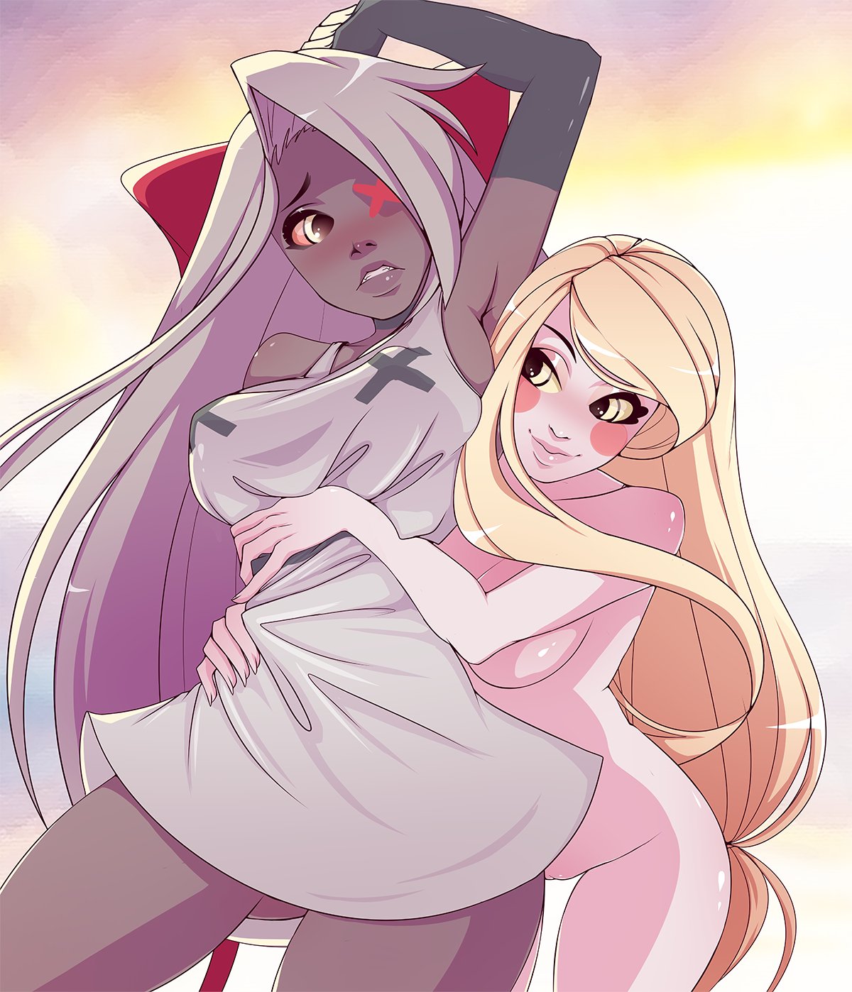 2d 2demons 2girls arm_over_head blonde_hair breasts charlie_morningstar covered_nipples dress female female/female female_focus female_only grey_skin hazbin_hotel highres hug hugging hugging_from_behind kroshkarammy long_hair looking_at_another looking_at_partner naked naked_female nude nude_female one_eye_obstructed orange_sclera tagme thighs vaggie white_hair yellow_eyes yellow_sclera yuri