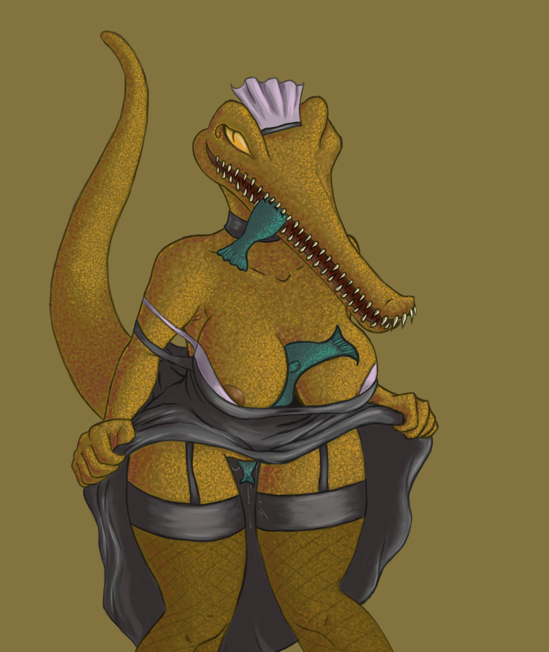 2d bra choker crocodilian display exposed_pussy exposing exposing_self female fish fishnet fishnet_stockings food food_between_breasts food_insertion food_play gharial legwear liarborn lifting_clothing lifting_dress lifting_skirt maid nipple_slip object_between_breasts object_insertion scalie scalie_female scalie_only sef sefsefse sharp_teeth solo tail teeth wardrobe_malfunction wet