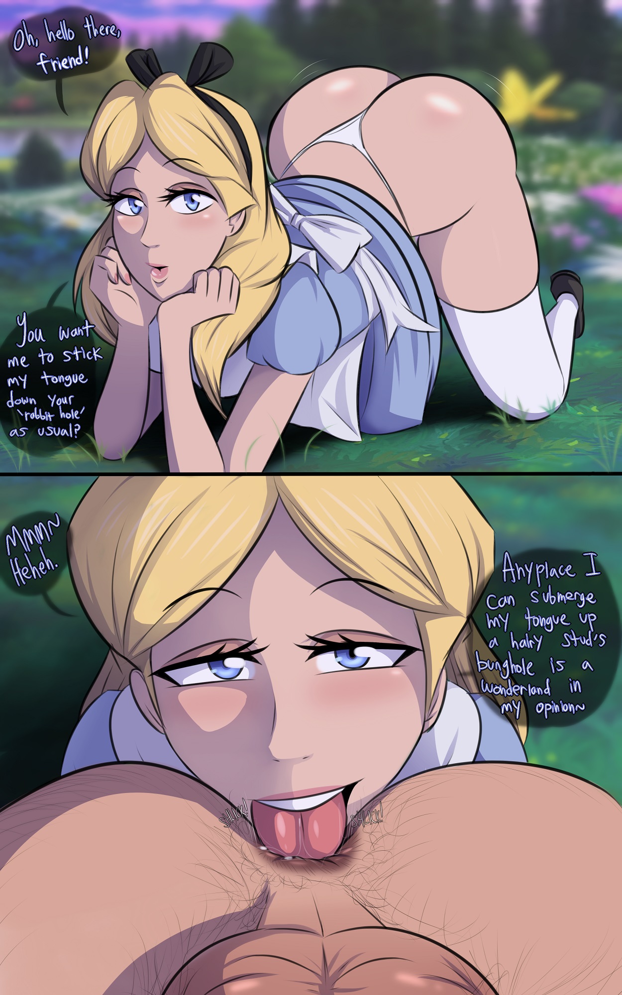 1boy, 1girls, alice (disney), alice in wonderland, alice in wonderland (1951 film), alice liddell, ass, big ass, bimbo, blonde hair, blue eyes, disney, english text, fairy tales, female, female rimming male, glazinbuns, instant loss 2koma, kneeling, literature, looking at viewer, male, open mouth, partial male, public domain, rimjob, rimming, rimming male, smile, tagme, teeth, text, tongue, tongue out