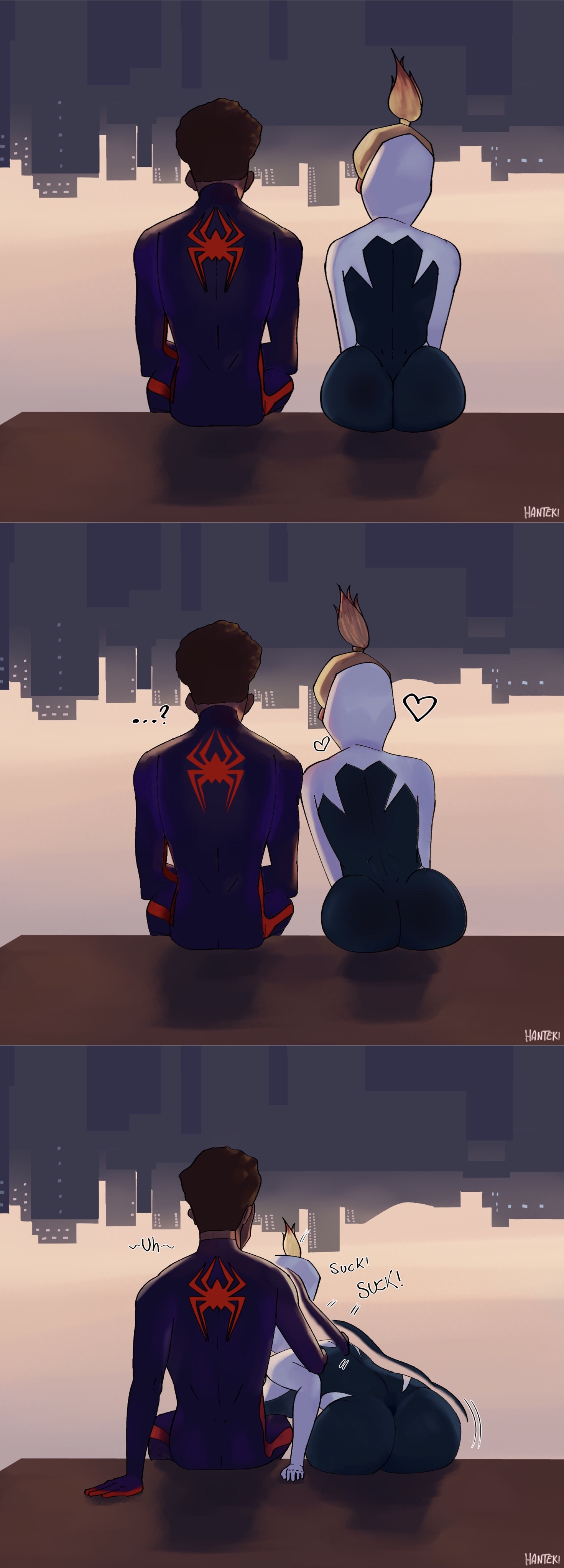 1boy, 1girls, afro, ass, assertive, assertive female, before and after, behind view, big ass, blonde hair, blowjob, bodysuit, bubble ass, bubble butt, city, cityscape, comic, dark skin, dark-skinned male, english text, fellatio, female, from behind angle, gwen stacy, hantekii, heart, hoodie, horny female, human, human only, imminent deepthroat, imminent oral, implied deepthroat, implied fellatio, implied oral, implied sex, interracial, large ass, light skin, light-skinned female, male, male moaning, male/female, marvel, marvel comics, medium hair, miles morales, moaning, oral, outdoors, outside, penis, petite, ponytail, romantic, scene interpretation, sex, sitting, skin tight, sloppy, sloppy blowjob, spider-gwen, spider-man, spider-man (series), spider-man: across the spider-verse, spider-man: into the spider-verse, straight, sucking, sucking penis, teenager, upside-down, wide hips