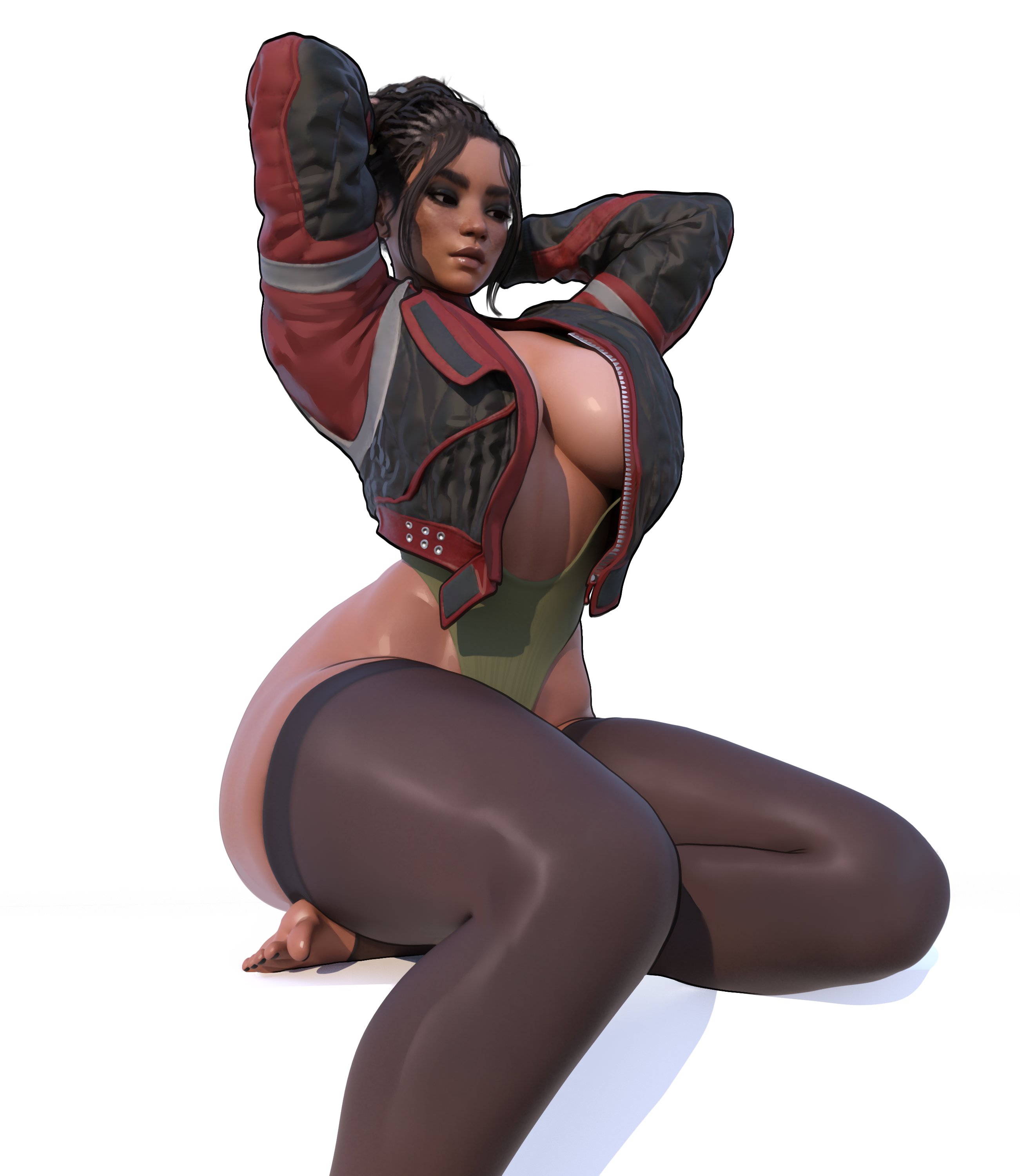3d, 3d (artwork), barefoot, big boobs, big breasts, big thighs, bodysuit, breasts, cleavage, cyberpunk 2077, female, female only, hands behind head, human, human only, jacket, legs crossed, looking away, panam palmer, popogori, sideboob, sitting, solo, solo female, stockings, thighs, white background
