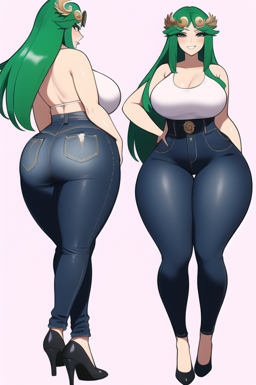 ai generated, ass, ass focus, black high heels, blue eyes, breasts, curvy, curvy figure, female, green hair, high heels, high-waist pants, huge ass, huge breasts, huge hips, jeans, kid icarus, kid icarus uprising, long hair, looking at viewer, nai diffusion, nintendo, palutena, round ass, seductive, shiny clothes, shiny hair, shoes, stable diffusion, thick thighs, voluptuous, white tank top, wide hips