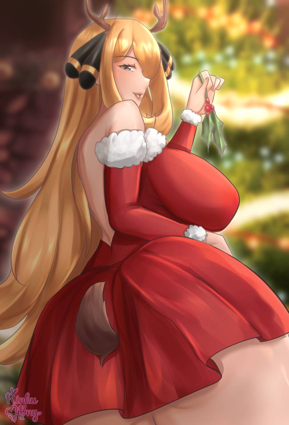 1girls, ass, back, back view, backless outfit, bare back, bare thighs, blonde hair, breasts, christmas, christmas outfit, cynthia (pokemon), female, female only, grey eyes, hair over one eye, huge ass, huge breasts, long hair, looking at viewer, looking back, mistletoe, pokemon, rinku bny, smile, solo, thick thighs, thighs, very long hair