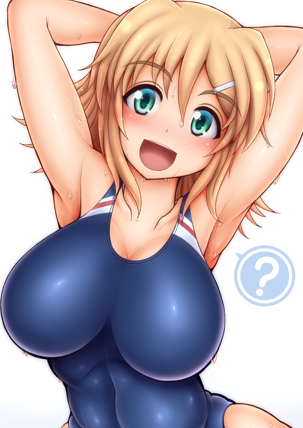 1girls ? arms_behind_head arms_up big_breasts competition_swimsuit hanabi_(senran_kagura) happy head_tilt huge_breasts looking_at_viewer one-piece_swimsuit ponpo ponponmaru senran_kagura smile solo upper_body wet