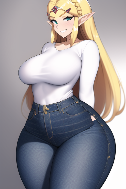 ai generated, ass, bimbo, blonde hair, blue eyes, breasts, curvy, curvy figure, female, high-waist pants, huge ass, huge breasts, huge hips, hyper thighs, long hair, looking at viewer, massive thighs, nai diffusion, princess zelda, seductive smile, shiny clothes, stable diffusion, the legend of zelda, thick thighs, thunder thighs, voluptuous, white shirt, wide hips