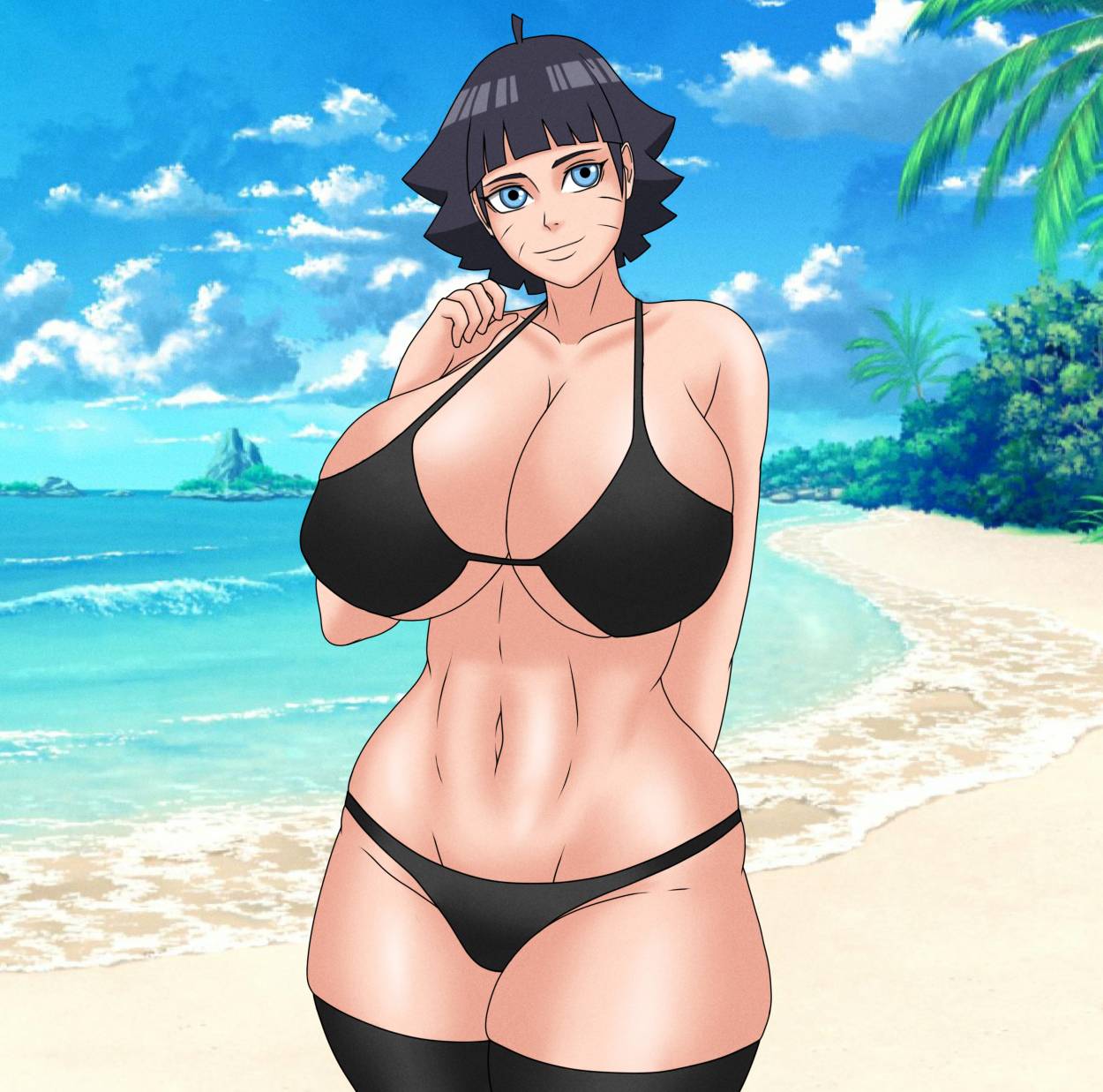 1girls aged_up bare_shoulders beach big_breasts bikini black_hair blue_eyes boruto:_naruto_next_generations breasts busty cleavage female female_only hourglass_figure huge_breasts midriff naruto naruto_(series) ocean seaside smile solo solo_focus sutokatsu swimsuit thunder_thighs uzumaki_himawari voluptuous water