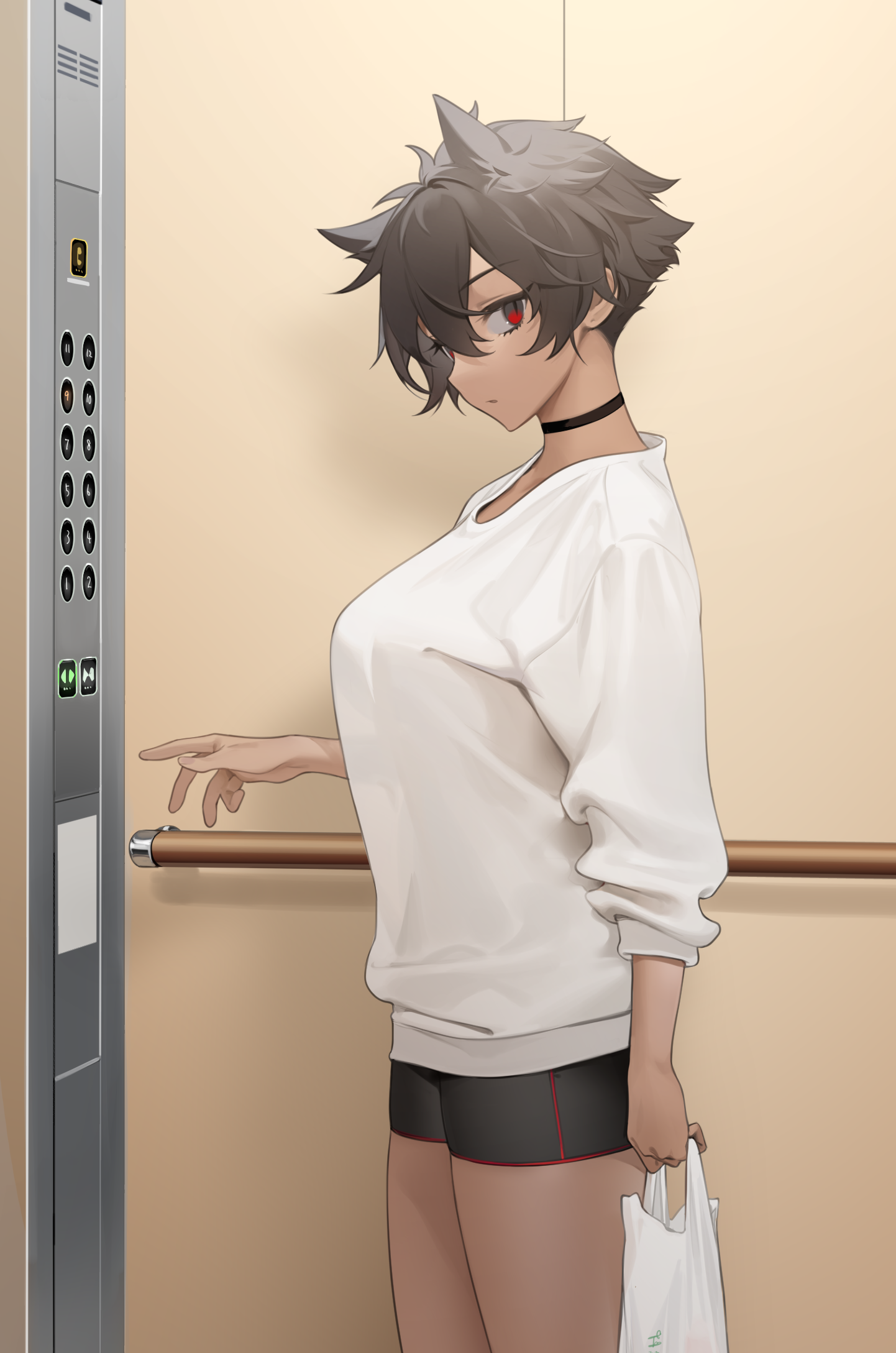 1girls, beautiful girl, big breasts, breasts, choker, dark skin, dark-skinned female, elevator, emotionless, emotionless female, female, female focus, hair ears, highres, indifferent, large breasts, looking at viewer, micchan (ohisashiburi), ohisashiburi, original, original character, red eyes, short hair, short shorts, slit pupils, thighs, tomboy, unbothered, uncaring, uncaring female, very short hair, white shirt