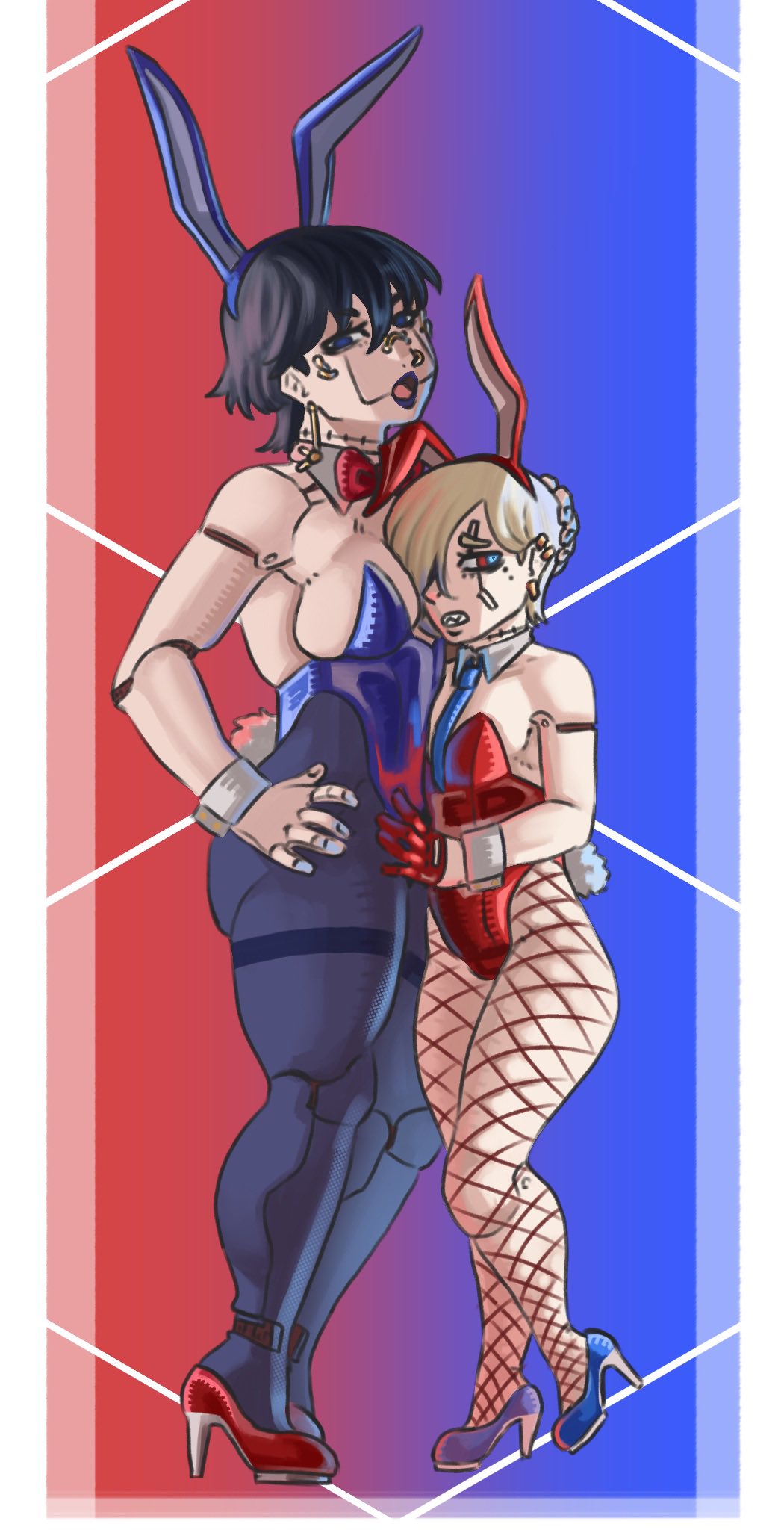 blonde_hair bunny_ears bunny_girl bunnysuit dark_hair high_heels incinerated_art original_character piercing robo sharp_teeth size_difference stockings taller_girl