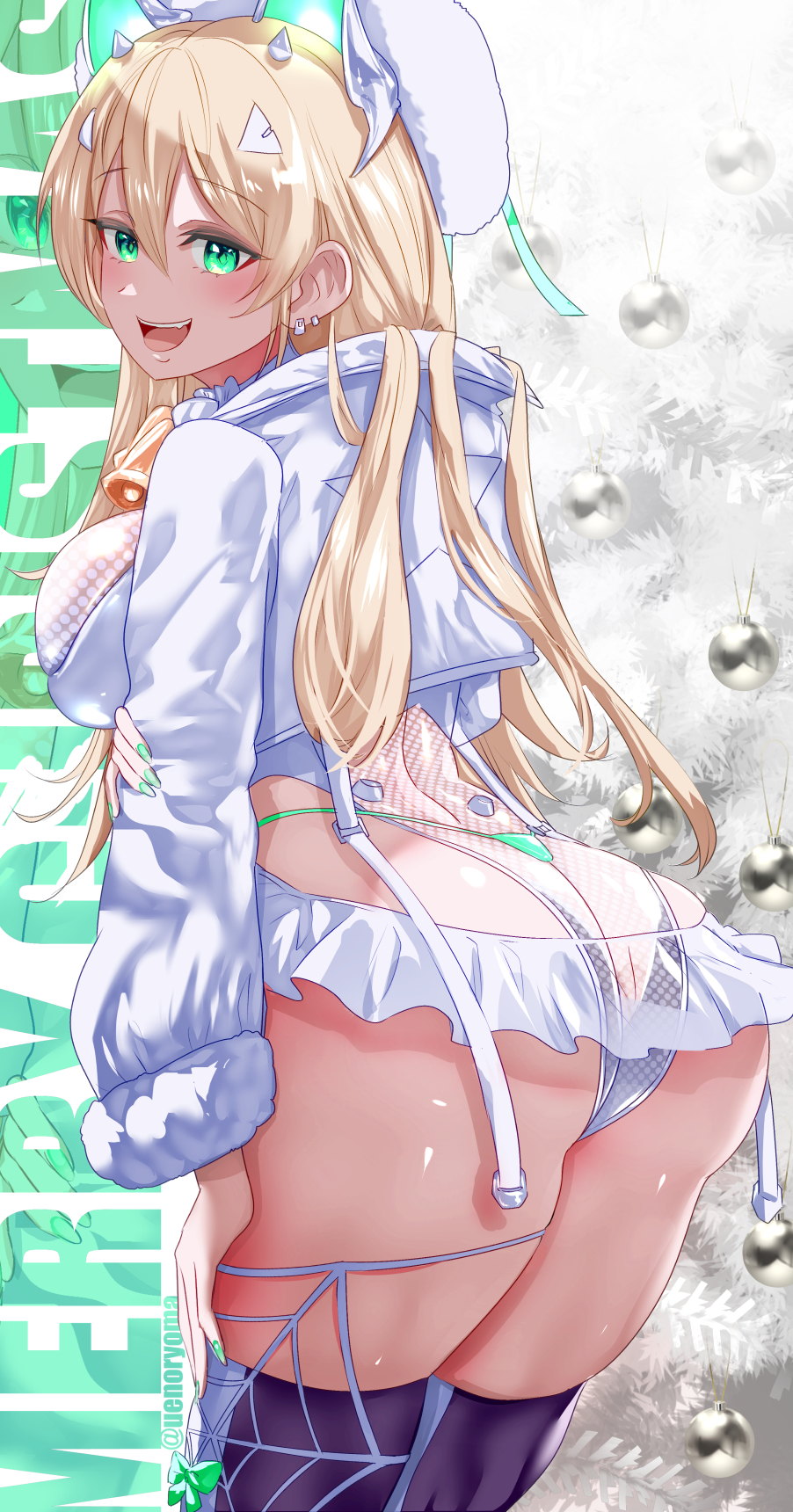 1girls ass big_ass blonde_hair breasts eyeshadow female female_only fully_clothed goddess_of_victory:_nikke green_eyes green_nails hair_ornament huge_ass legwear miniskirt revealing_clothes rupee_(nikke) rupee_(winter_shopper)_(nikke) skirt solo standing thighhighs thighs thong uenoryoma