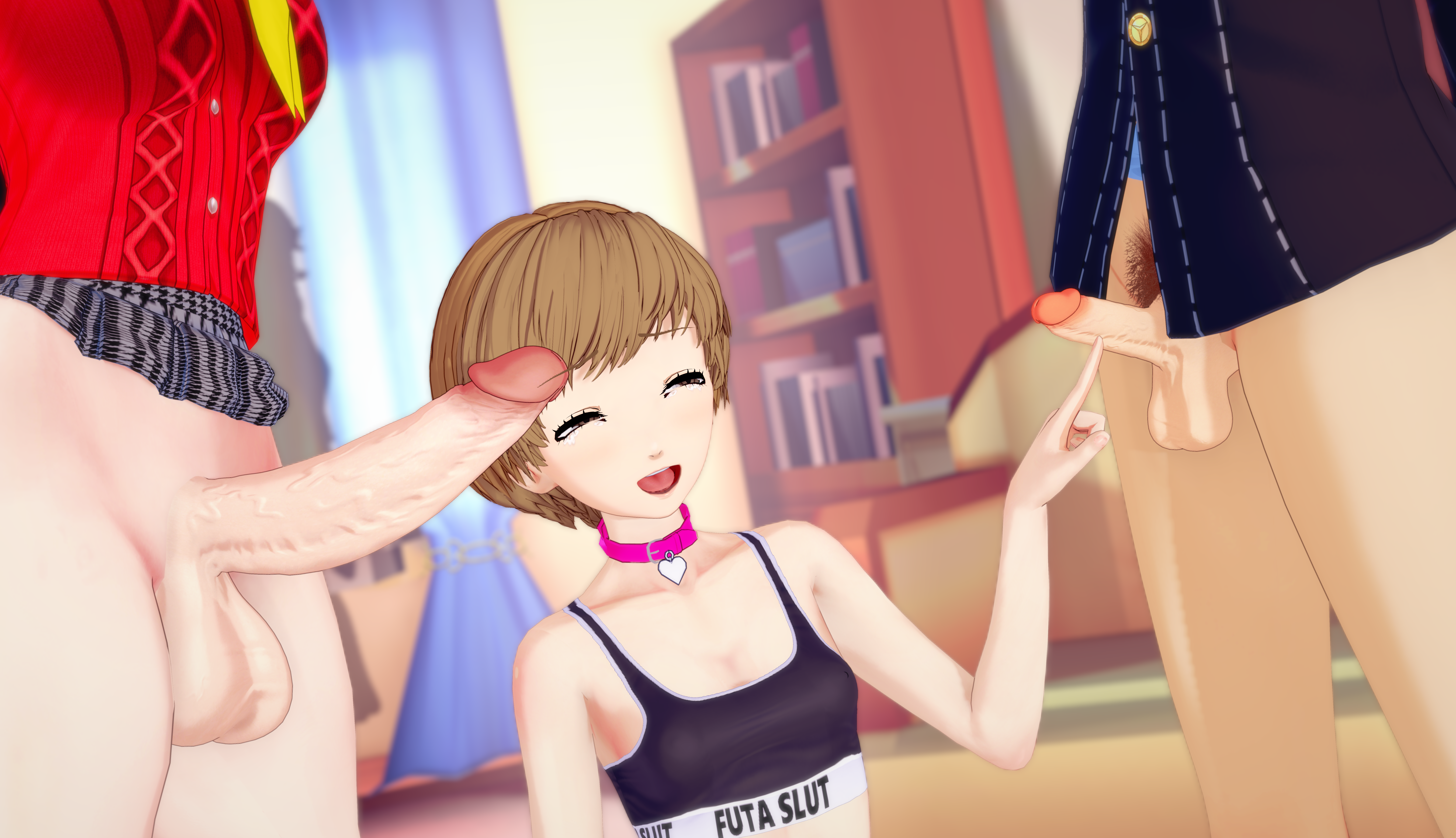 1boy, 1futa, 1girls, 3d, amagi yukiko, big penis, breasts, brown hair, chiefan, dog collar, faceless, faceless futa, female, futa is bigger, futa on female, futa'd, futadom, futanari, hanamura yousuke, huge cock, intersex, koikatsu, laugh, male, partial male, penis, persona, persona 4, satonaka chie, self upload, short hair, size difference, size shaming, small breasts, small penis, small penis humiliation, standing, tomboy, uncensored