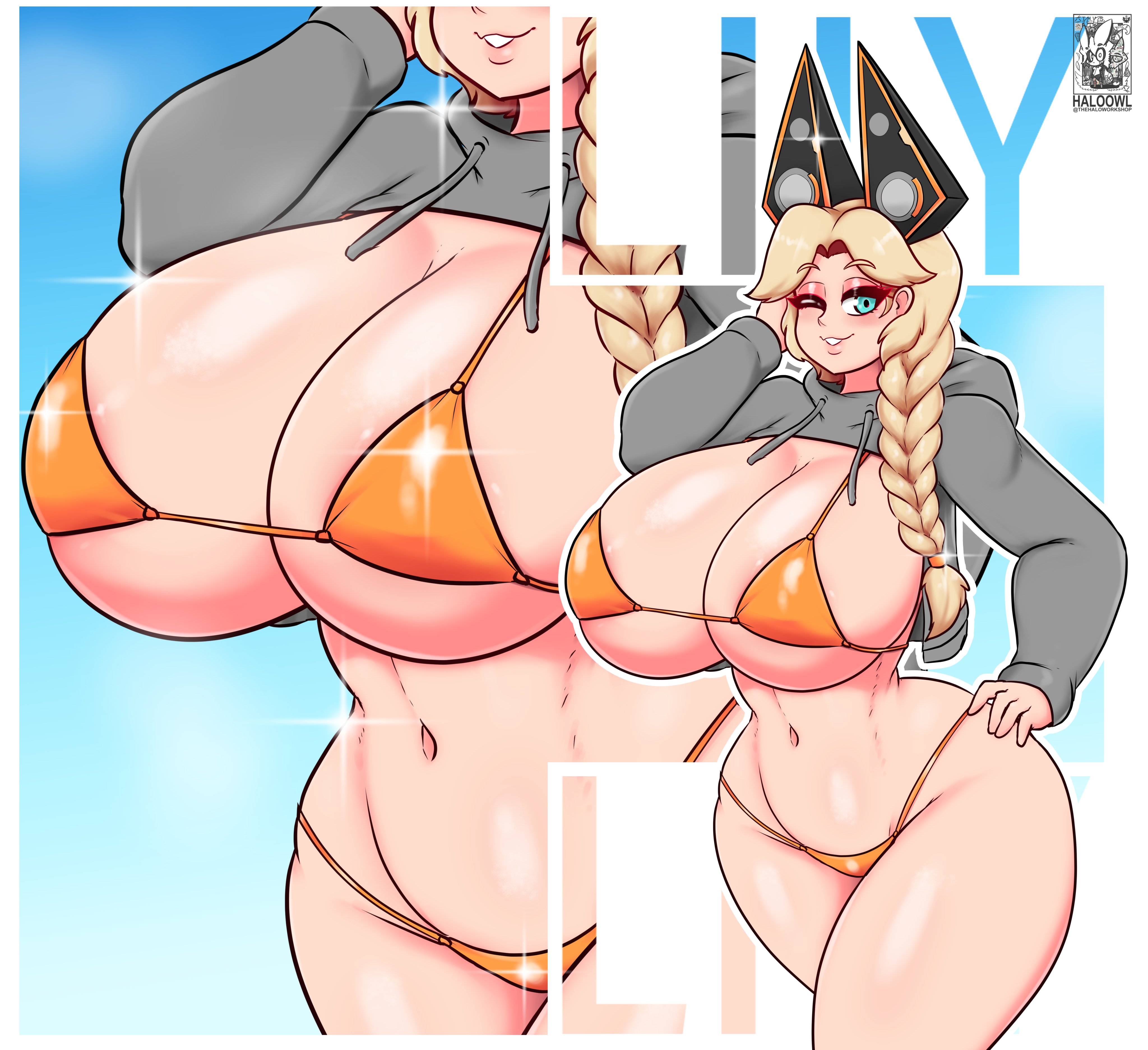 bikini, breasts, female, haloowl, huge breasts, lily (haloowl), original, thighs, twintails