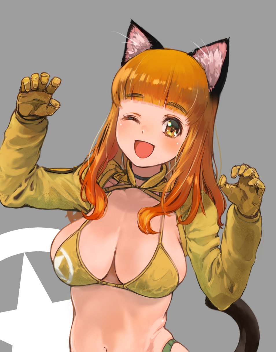 1girls animal_ears big_breasts bikini breasts busty cat_ears cat_pose cat_tail chikuwa_(tks) cleavage female female_only girls_und_panzer highres large_breasts light-skinned_female light_skin looking_at_viewer navel one_eye_closed orange_eyes orange_hair smile swimsuit tail takebe_saori thong_bikini wink yellow_bikini