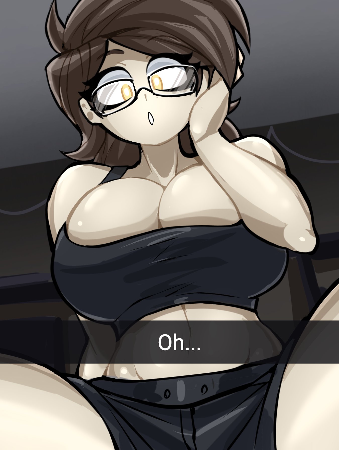 1girls big_breasts brown_hair cleavage female female_only glasses human kyurby_(zzzhodazzz) midriff shoulders snapchat suprised thick_thighs thighs yellow_eyes zzzhodazzz