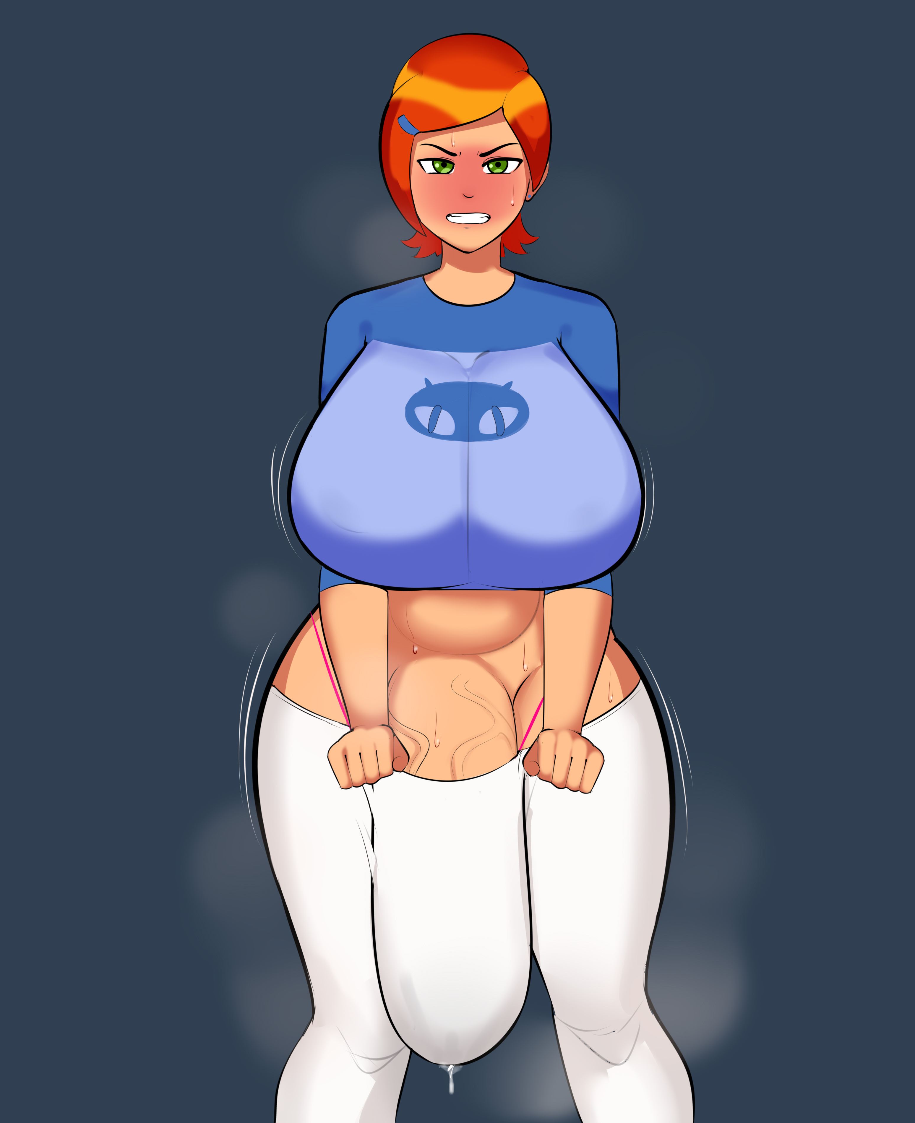 1futa, 2022, balls, ben 10, ben 10 (classic), big breasts, big penis, blush, breasts, bulge, cartoon network, clothed, clothing, erection, futa only, futanari, g3mma, green eyes, gwen tennyson, gwen tennyson (classic), huge cock, human, intersex, large breasts, large penis, light skin, light-skinned futa, looking at viewer, mostly clothed, musk, musk clouds, musky balls, musky cock, orange hair, panties, penis, precum, precum through clothing, short hair, simple background, solo, solo futa, standing, straight hair, veiny penis, wide hips