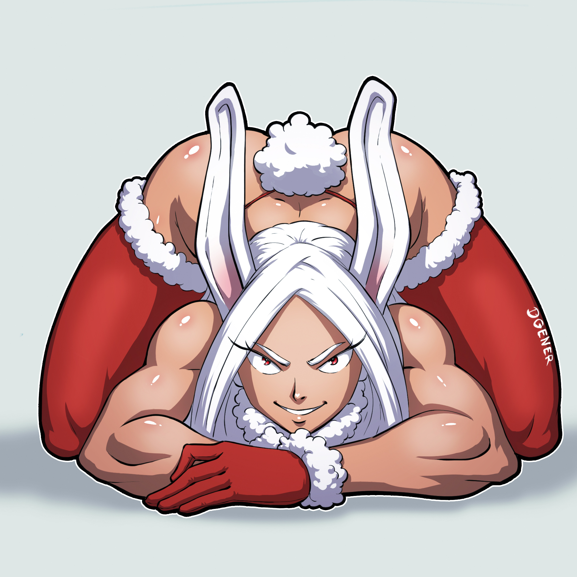 1girls, artist name, artist signature, ass, ass up, biceps, bikini, bikini bottom, bunny ears, bunny girl, bunny tail, christmas, christmas clothing, christmas outfit, clothed, clothed female, clothes, clothing, color, colored, dgener (artist), eye contact, eyelashes, face down ass up, female, female focus, female only, gloves, grin, grinning, hair, hi res, high resolution, highres, hips, humanoid, kneeling, legs, legs apart, long hair, looking at viewer, miruko, muscular, muscular arms, muscular female, my hero academia, plain background, pose, posing, red eyes, rumi usagiyama, signature, simple background, smile, smiling, smiling at viewer, solo, solo female, solo focus, source request, stockings, straight hair, teeth, teeth showing, teeth visible, thigh highs, thighhighs, thighs, white background, white hair