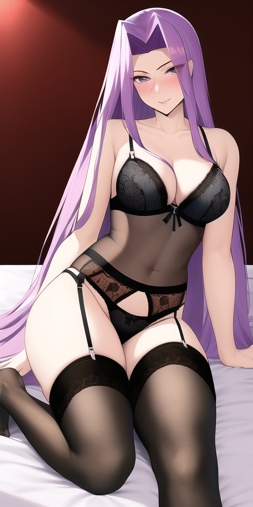 1girls ai_generated anime_lingerie bedroom black_lingerie black_panties breasts brown_wall fate/stay_night fate_(series) female female_only garter_belt garter_straps hands_on_bed leg_cross looking_at_viewer medium_breasts medusa_(fate) nai_diffusion pale-skinned_female panties purple_eyes purple_hair sitting_on_bed smile smiling_at_viewer solo stable_diffusion stockings tagme