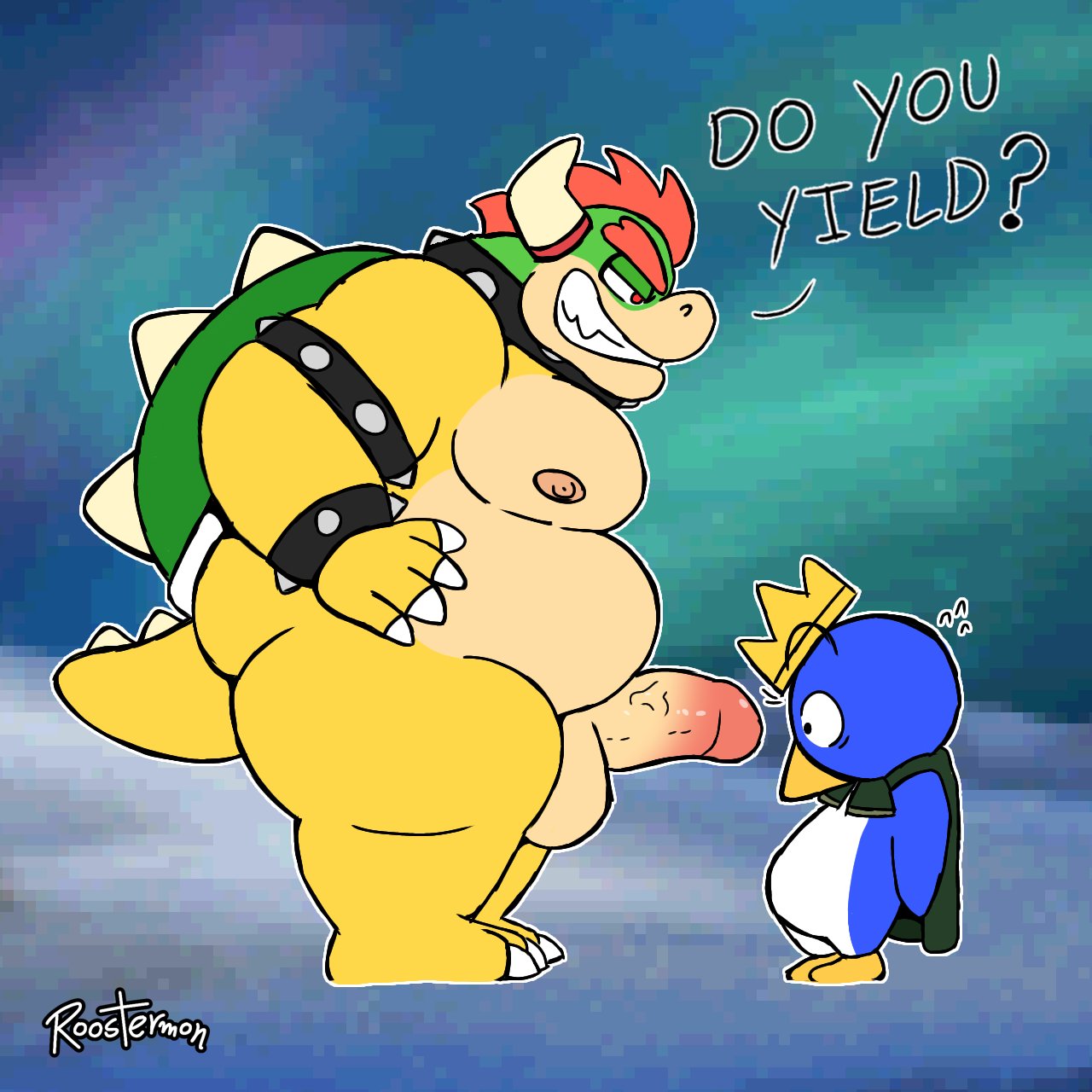 anthro avian balls bird bowser bracelet chubby chubby_anthro chubby_male collar dominant dominant_male duo genitals hi_res horn jewelry king_penguin_(mario_movie) koopa male male_only mario_(series) moobs nipples penguin penguin_(mario) penis roostermon scalie size_difference slightly_chubby spiked_bracelet spiked_collar spikes super_mario_bros._(2023_film) surprised_expression tail text thick_thighs