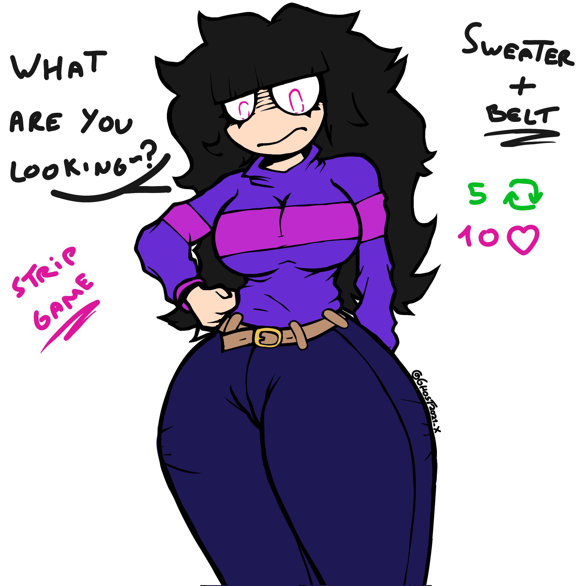 black hair, breasts, female, ghost2021 x, hand on hip, hips, looking at viewer, needlemouse (series), purple sweater, red eyes, sarah henderson (needlemouse), strip game