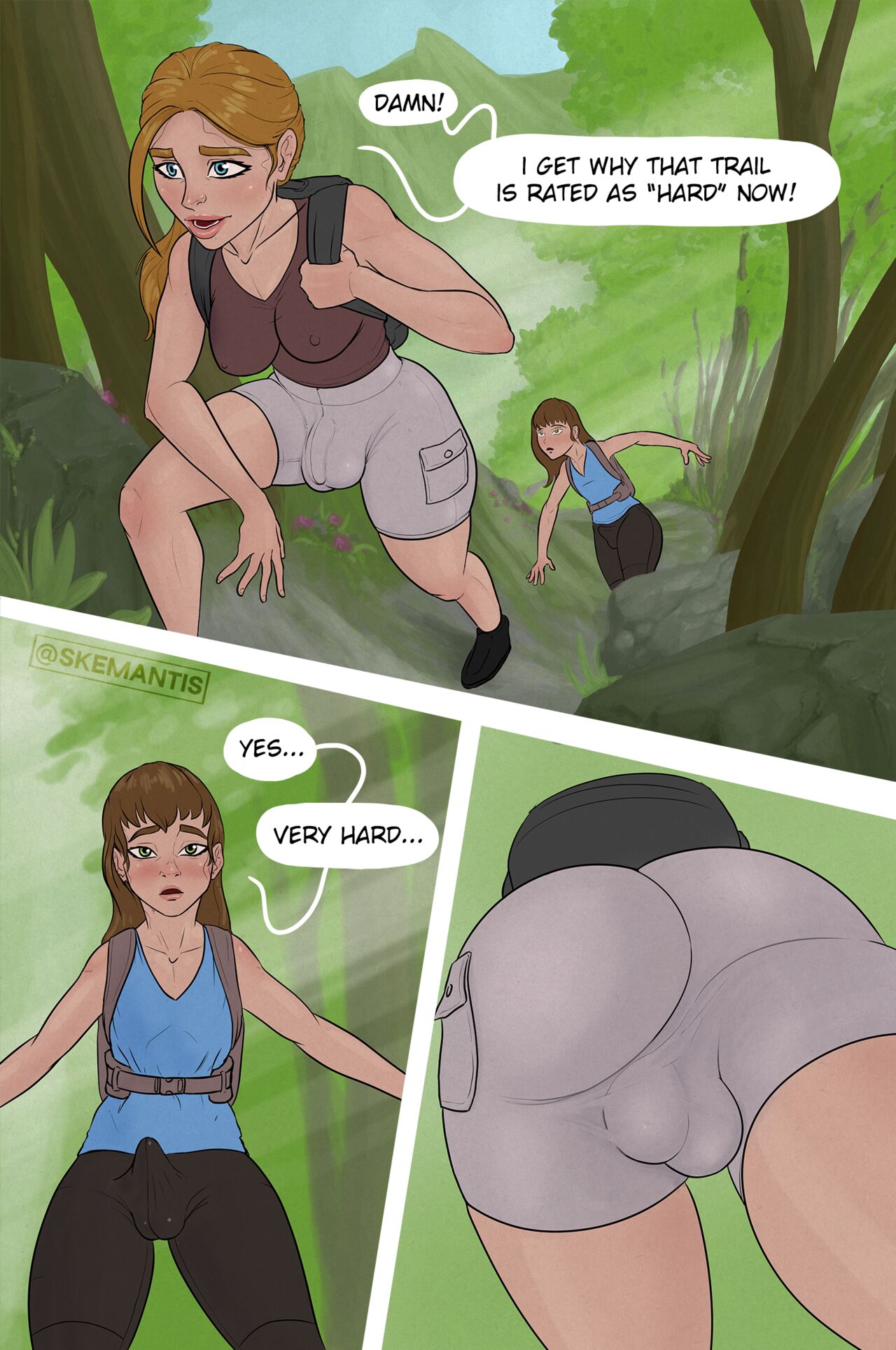 1boy 1futa 2022 backsack ball_bulge balls balls_under_clothes big_ass big_breasts big_penis blonde_hair blush breasts brown_hair bulge cameltail clothed clothing dialogue dickgirl duo english_text erect_nipples_under_clothes erection erection_under_clothes femboy flaccid forest fully_clothed futa_sans_pussy futanari human intersex leggings light-skinned_futanari light-skinned_male light_skin long_hair male outdoors outside penis penis_bulge penis_under_clothes shorts skemantis standing taint tenting text tight_clothing unaware viewed_from_behind