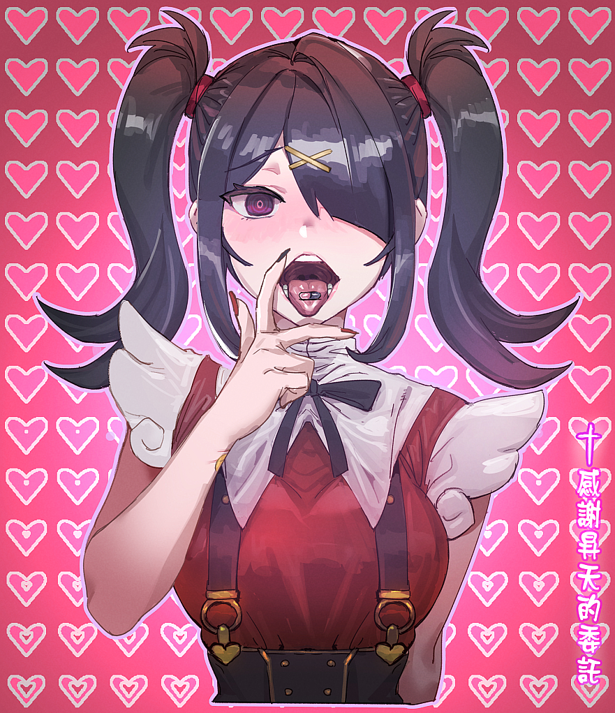 absurd_res ame-chan bangs black_hair blush bow_(bhp) drugs female hair_ornament hair_over_one_eye hairclip heart hi_res nail_polish needy_girl_overdose needy_streamer_overload one_eye_covered open_mouth pill pill_on_tongue ribbon solo teeth tongue tongue_out twintails upper_body