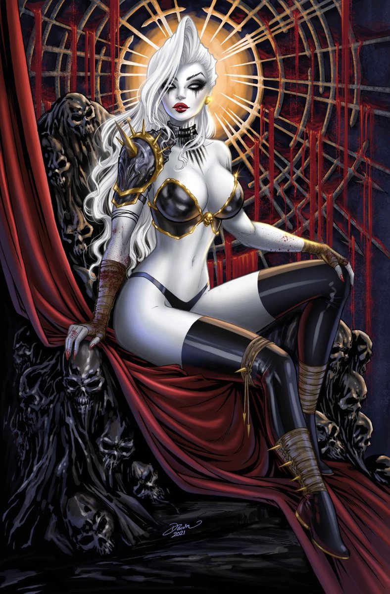 2022 chaos_comics coffin_comics dawn_mcteigue death_(personification) female_focus female_only grim_reaper highres lady_death long_hair looking_at_viewer queen_of_the_dead seductive_look voluptuous_female white_hair