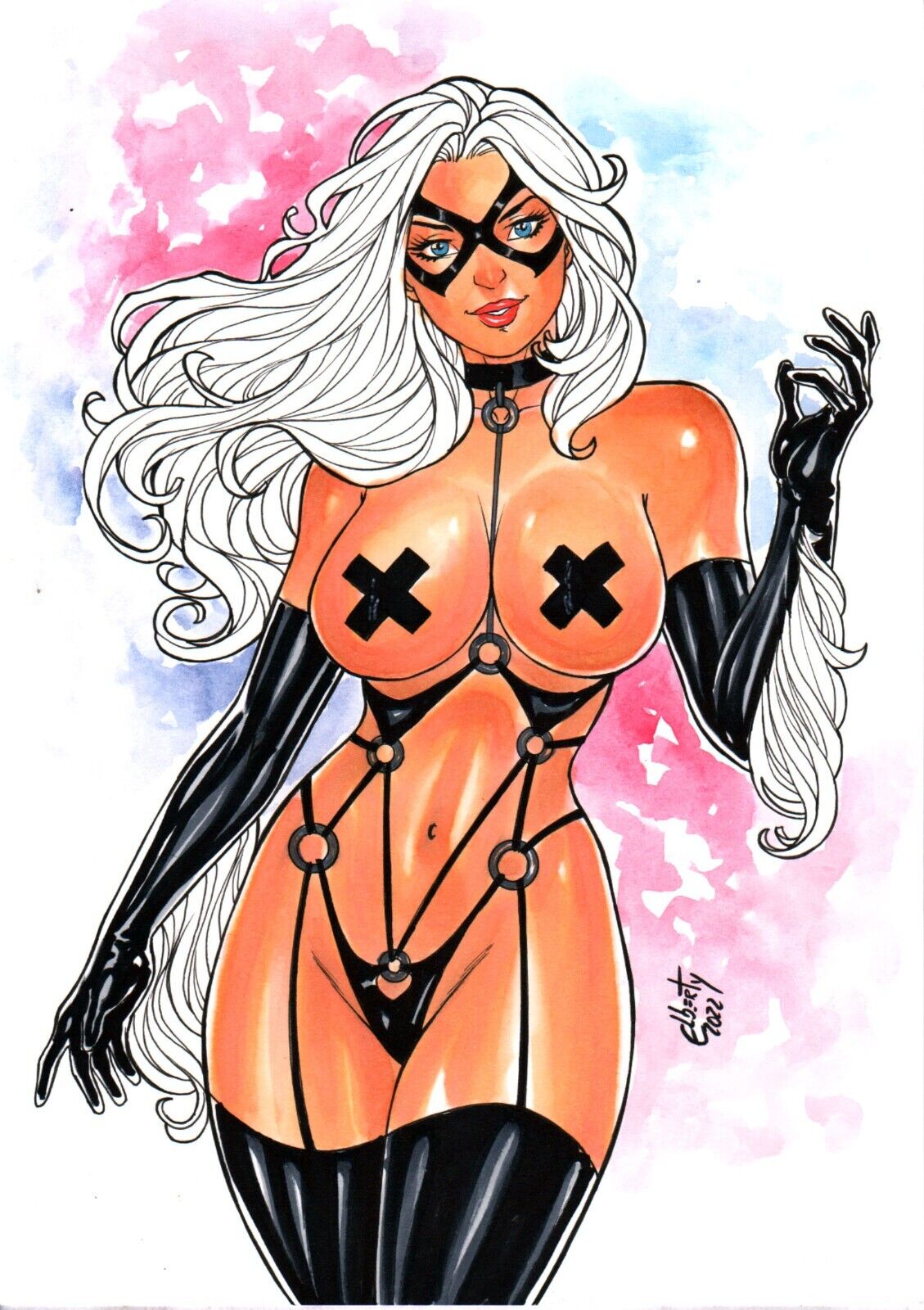 1girls 2022 big_breasts black_cat_(marvel) curvy_body curvy_figure ed_benes_studio elberty_(artist) felicia_hardy female_focus female_only hi_res highres latex long_hair looking_at_viewer marvel marvel_comics shiny_clothes spider-man_(series) straight_hair tagme tight_clothing voluptuous_female white_hair