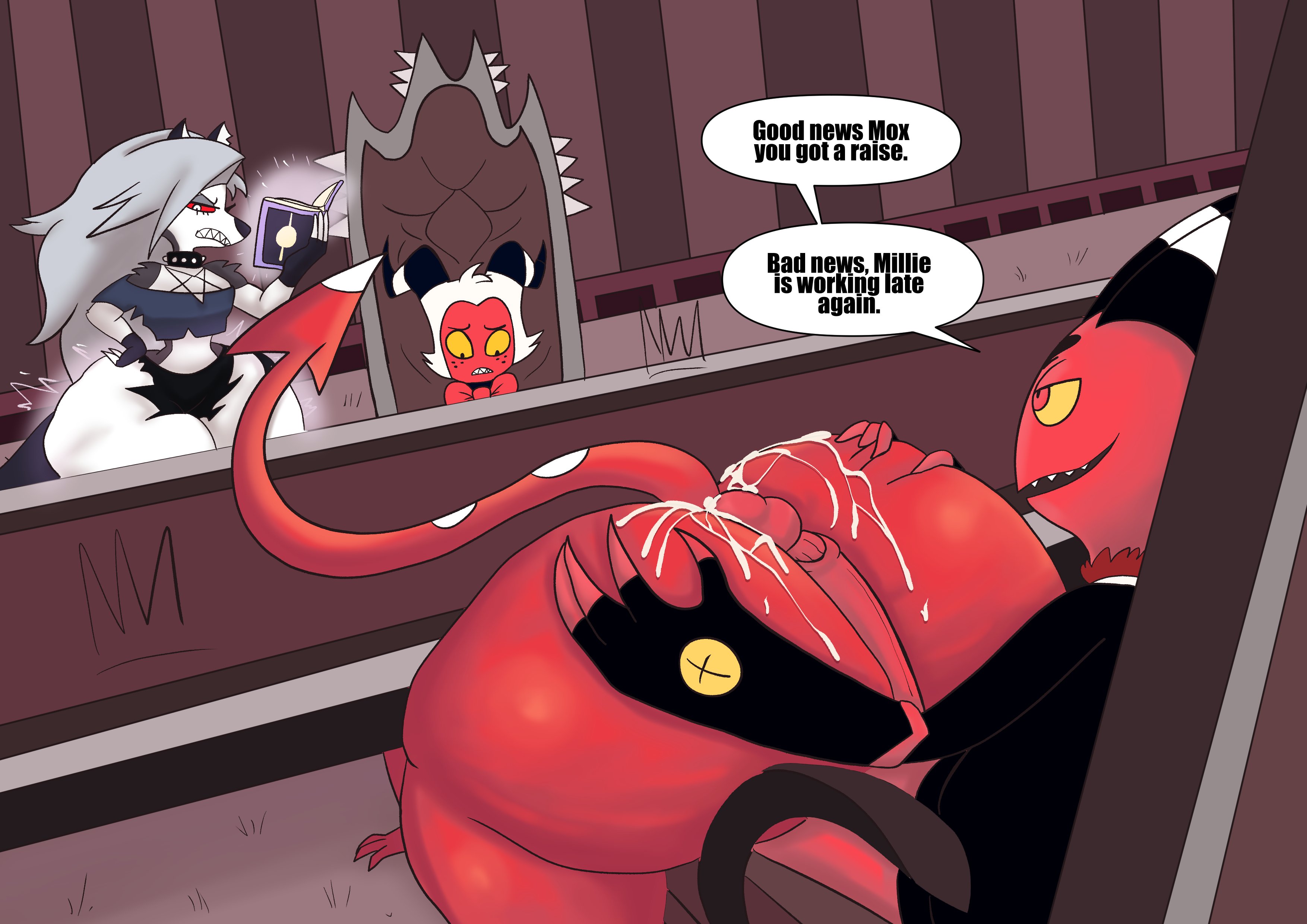 2boys, 2girls, anthro, ass, ass expansion, assjob, between buttocks, big ass, black hair, blitzo (helluva boss), book, bubble ass, bubble butt, buttjob, canine, chair, cheating, cheating wife, cheating with boss, cuckold, cum, cum on ass, demon, demon girl, dialogue, fat ass, female, hellhound, helluva boss, hot dogging, huge ass, huge cock, imp, large ass, loona (helluva boss), male, millie (helluva boss), moxxie (helluva boss), penis, red skin, sitting, sitting on chair, text, thick ass, thick thighs, thunder thighs, tool01k, white hair, wide hips, wolf