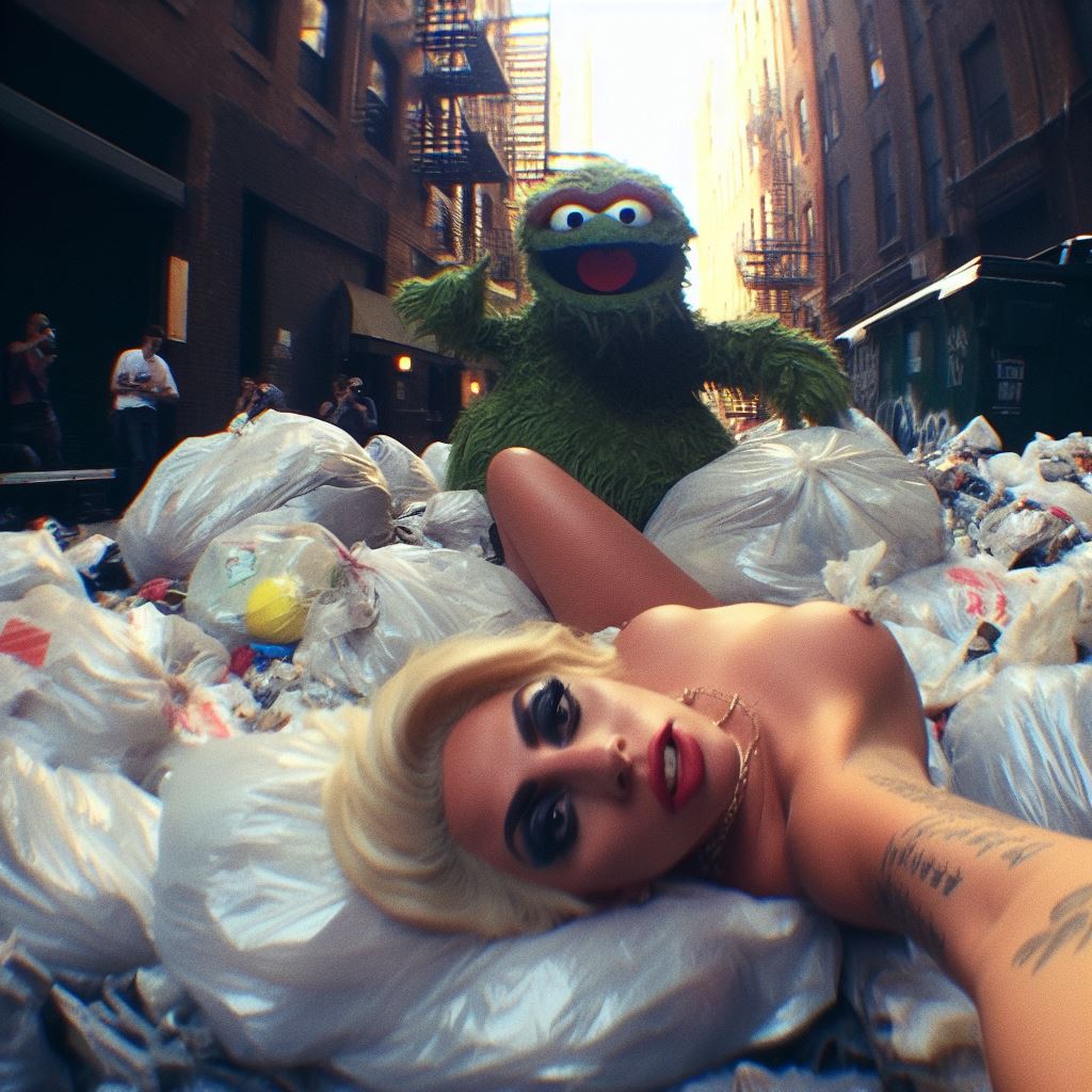 1girls ai_generated alley blonde_hair celebrity dall-e3 garbage garbage_bags garbage_bin green_fur lady_gaga light-skinned_female looking_at_viewer muppets naked naked_female nude nude_female oscar_the_grouch people_in_background people_watching puppet real_person sesame_street tagme the_muppet_show trash trash_bag trash_can voyeur