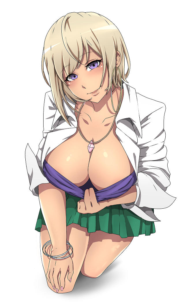 big_breasts blonde_hair bra bracelet breasts busty cleavage down_blouse earrings female female_focus female_only gyaru hajimete_no_gal hourglass_figure kneeling makeup miniskirt nail_polish necklace pinup pinup_pose purple_eyes ranko_honjou school_uniform schoolgirl shirt short_hair shymiruku skirt sleeves_rolled_up tagme tan wide_hips