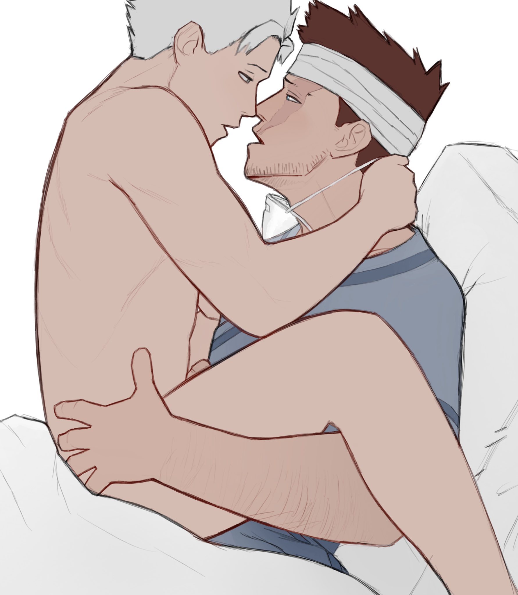 age difference, anal sex, bandage, bara, blue eyes, boner, endeavor (my hero academia), enji todoroki, erection, father and son, gay, grabbing, hospital bed, incest, looking at another, male, male only, muscular, muscular male, my hero academia, naked, natsuo todoroki, naughtydads, nude, partially clothed, red hair, scar, todoroki enji, todoroki natsuo, yaoi