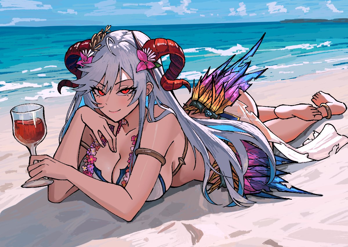 1girls, alcohol, alternate costume, anklet, armlet, ass, beach, big ass, bikini, breasts, cleavage, colored inner hair, cup, drink, english commentary, feathers, female, female only, fire emblem, fire emblem heroes, flower, flower necklace, freyja (fire emblem), grey hair, holding, holding cup, horns, jewelry, large breasts, long hair, looking at viewer, lying, multicolored hair, nintendo, ocean, official alternate costume, on stomach, outdoors, red eyes, seductive, smile, solo, swimsuit, the pose, white bikini, white swimsuit, wine, zeon (zzeeonn)
