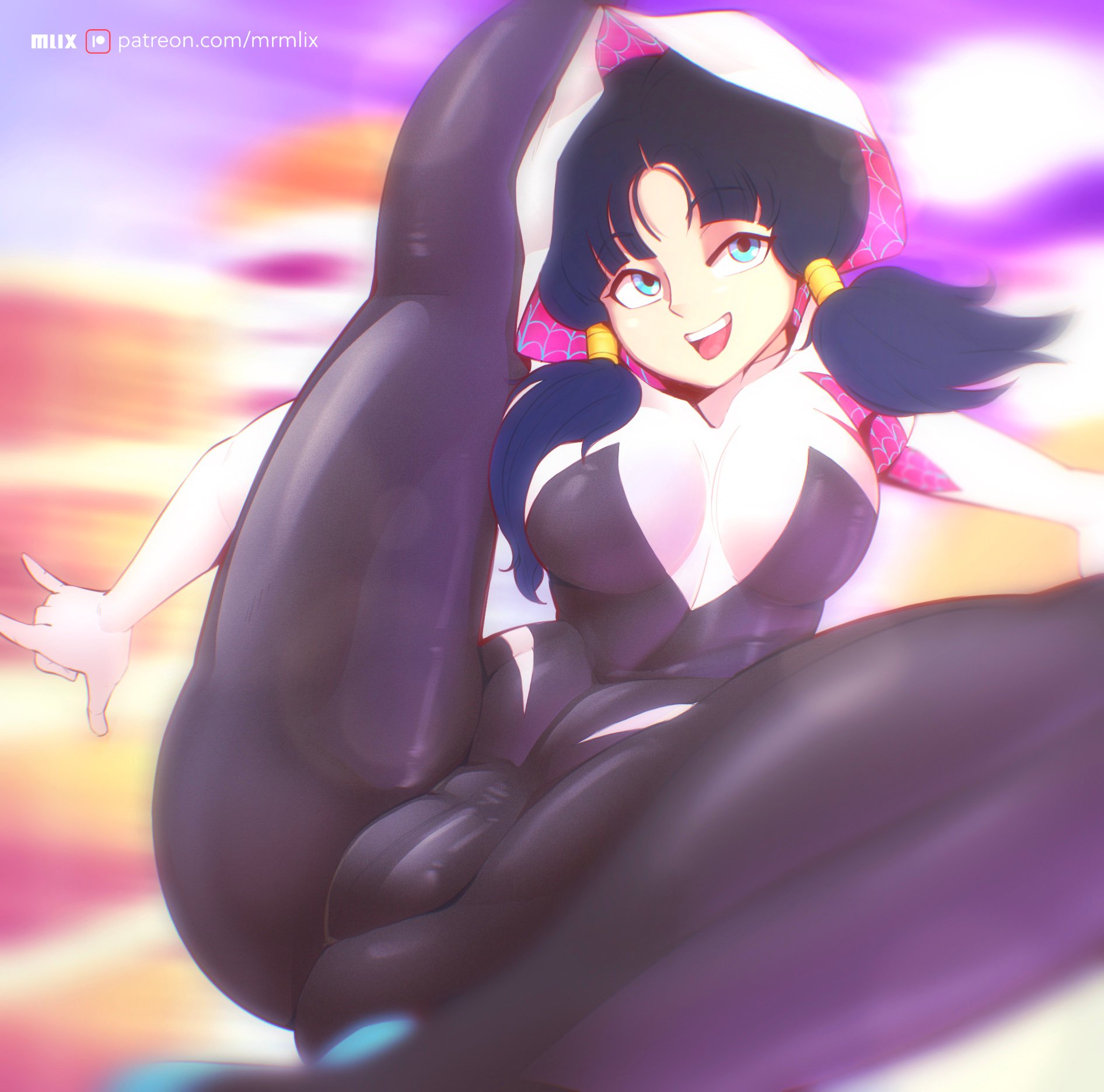 1girls, ass, bangs, big breasts, black hair, blue eyes, breasts, clothed, clothing, cosplay, crossover, dragon ball, dragon ball z, female, female only, flexible, fringe, hood, hood up, hoodie, jewelry, large ass, large breasts, light skin, light-skinned female, marvel, marvel comics, mrmlix, muscular, muscular female, open mouth, pussy, pussy visible through clothes, shounen jump, slim waist, smile, solo, solo female, spandex, spider-gwen (cosplay), straight hair, superheroine, thick thighs, tight clothing, tongue, tongue out, twintails, videl, wide hips