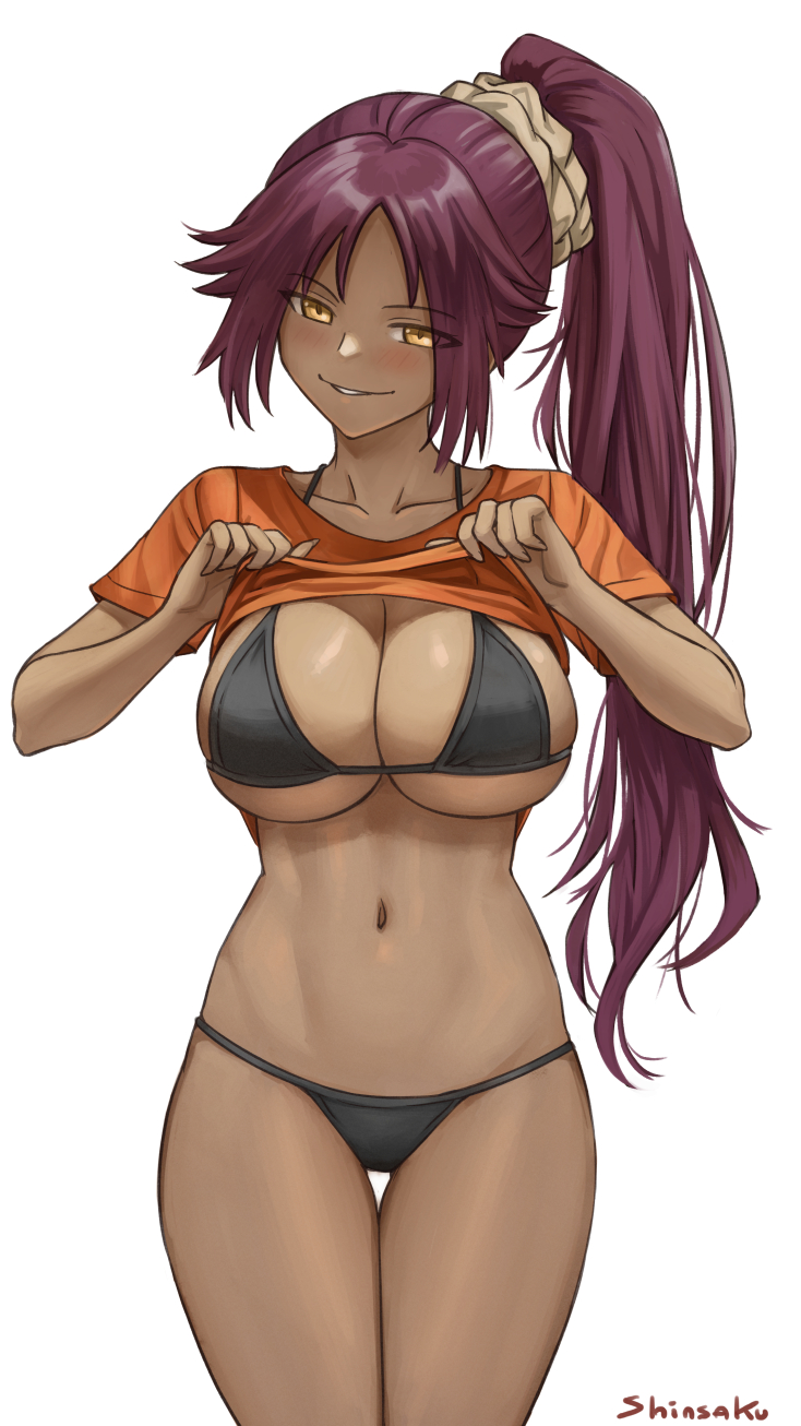 >:) bangs black_bra black_panties bleach blush bra breasts clothes_lift collarbone commentary dark-skinned_female dark_skin female half-closed_eyes headband highres large_breasts long_hair midriff navel orange_shirt panties parted_bangs parted_lips ponytail purple_hair seductive_smile shihouin_yoruichi shinsaku_(stan-art) shirt shirt_lift sidelocks signature simple_background skindentation smile solo standing thigh_gap thighs underwear v-shaped_eyebrows very_long_hair white_background yellow_eyes