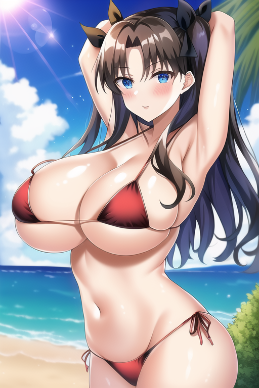 ai generated, beach, big breasts, bikini, breasts, fate (series), fate/stay night, female, hands behind head, nai diffusion, stable diffusion, tohsaka rin, type-moon