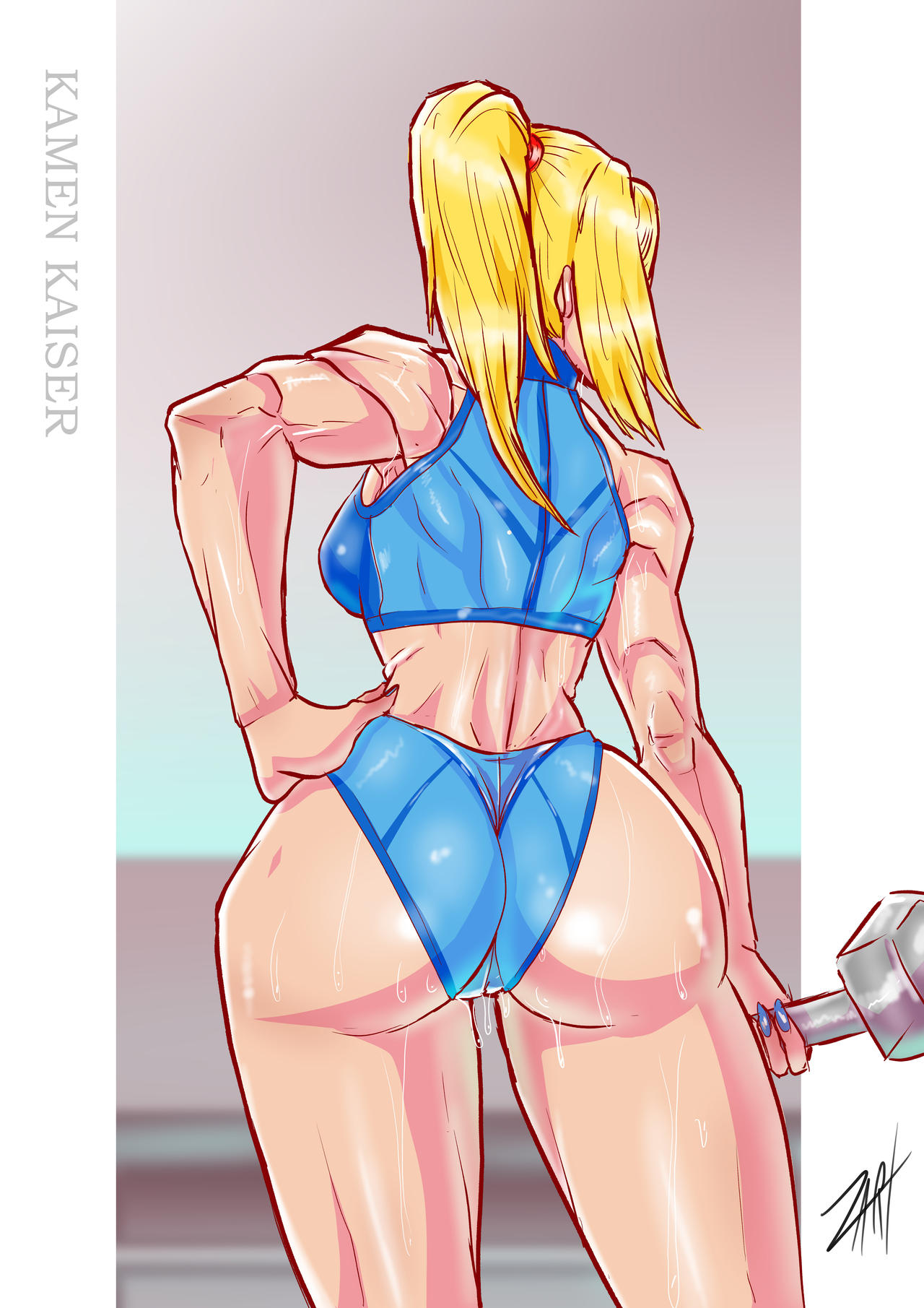 1girls, ass, back view, blonde hair, female, female only, hand on hip, huge ass, kamen kaiser, kamenkaiser, metroid, muscular, muscular female, ponytail, samus aran, solo, sweat, tagme, weights, workout