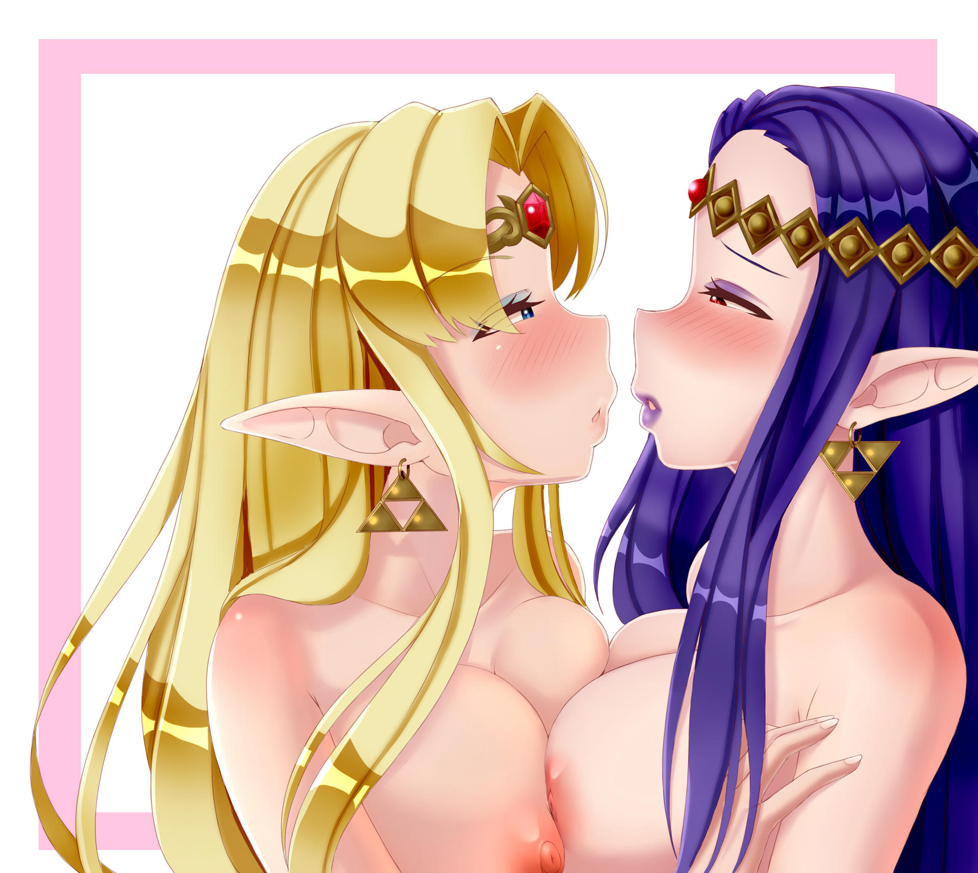 2020, 2girls, a link between worlds, blonde hair, blue eyes, blush, breasts, earrings, female, female only, human, kissing, long hair, megagriffis-5555, multiple females, multiple girls, nintendo, nipples, nude, nude female, princess hilda, princess zelda, purple hair, red eyes, symmetrical docking, the legend of zelda, triforce earrings, zelda (a link between worlds)