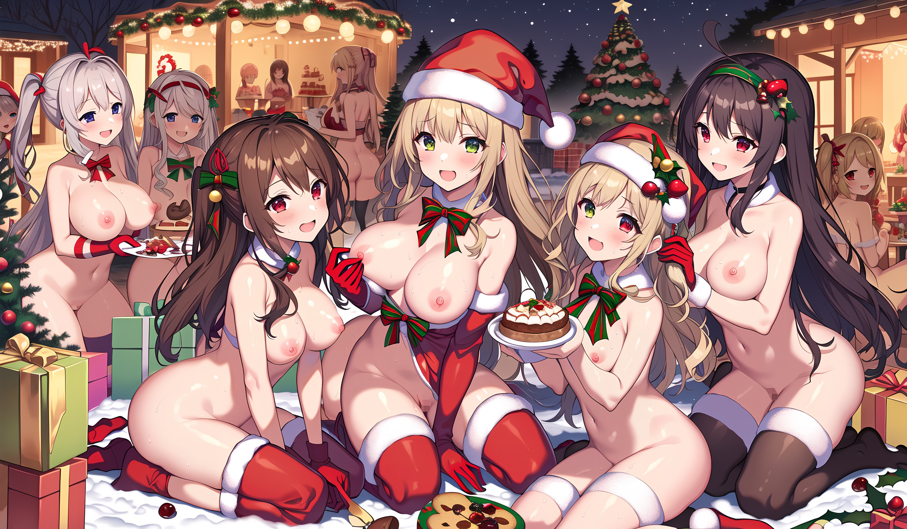 12girls, ai generated, blonde hair, blue eyes, breasts, brown hair, cake, christmas, christmas clothing, christmas hat, christmas tree, female, green eyes, long hair, midriff, multiple females, multiple girls, nai diffusion, nipples, nude, nude female, red eyes, ribbon, silver hair, stable diffusion