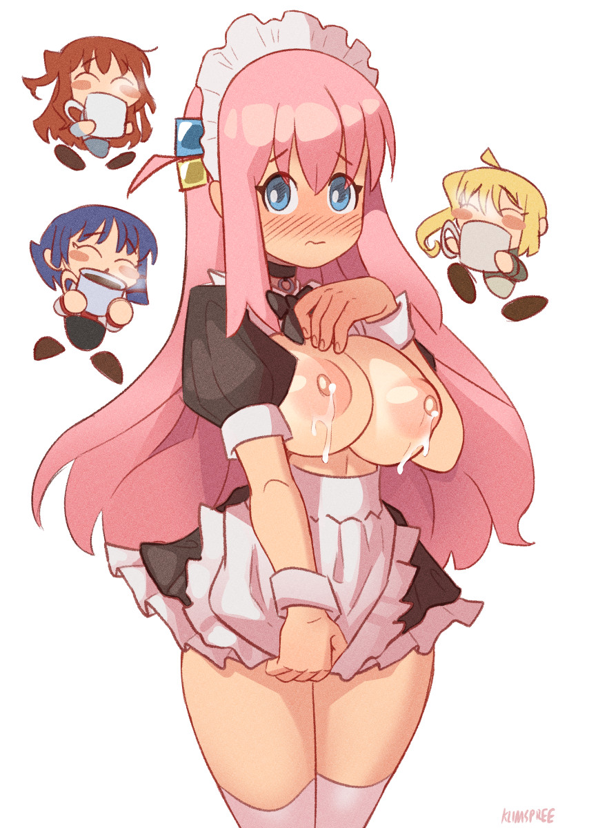 4girls apron blue_eyes blush bocchi_the_rock! breasts_outside exposed_breasts eye_contact female female_only gotou_hitori hairclip ijichi_nijika kita_ikuyo klimspree lactation long_hair looking_at_viewer maid maid_headdress maid_uniform nipples pink_hair standing thick_thighs thighs topless yamada_ryou