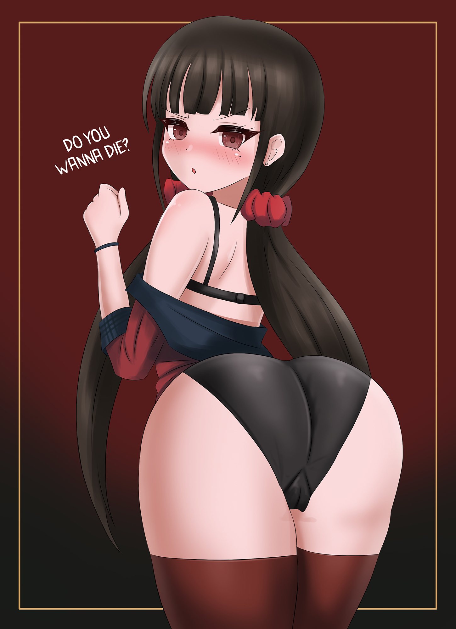1girls, blush, brown hair, danganronpa, danzfloor, dialogue, embarrassed, female, harukawa maki, looking at viewer, red eyes, scowl, solo, solo female, straight hair, thighhighs, undressing