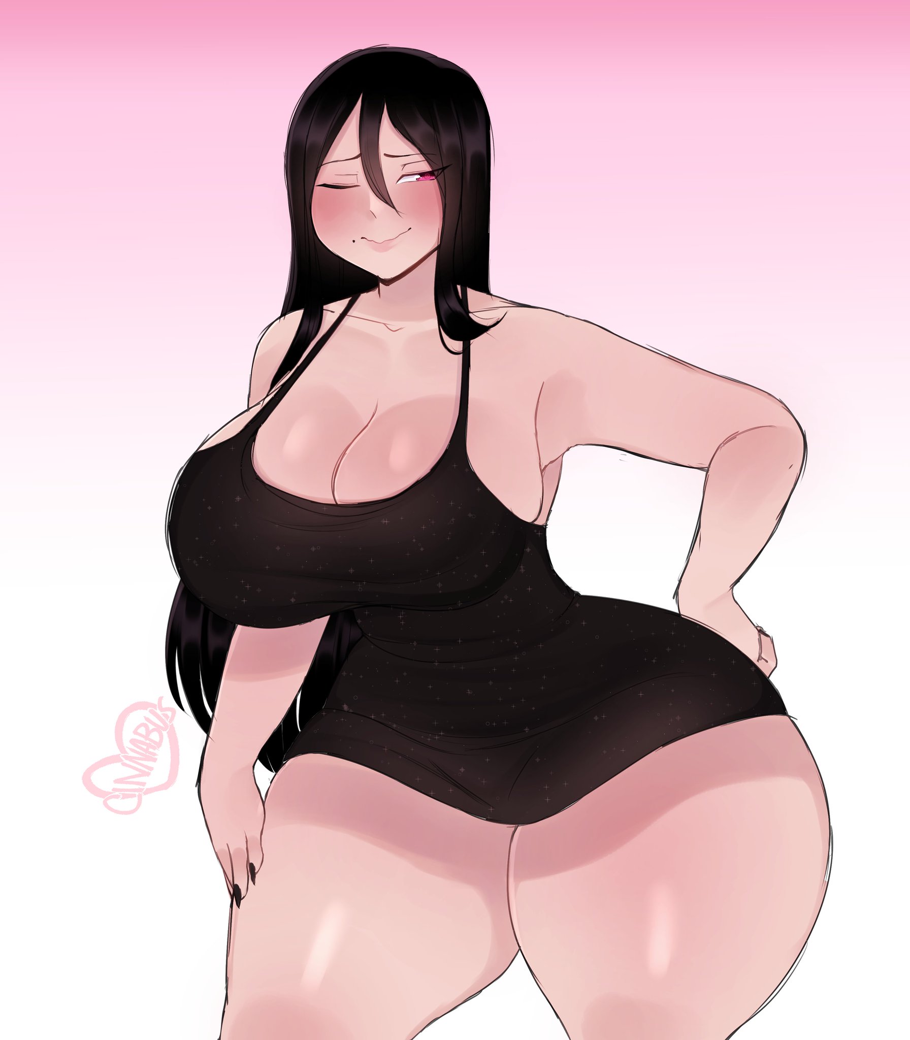 1girls, big breasts, black hair, blush, breasts, cinnabus, cinnabus drew a white woman, dress, female, female only, hand on hip, light skin, light-skinned female, long hair, looking away, mole, mole under mouth, narrowed eyes, one eye closed, pink eyes, smile, solo, thick thighs, wavy mouth, wide hips