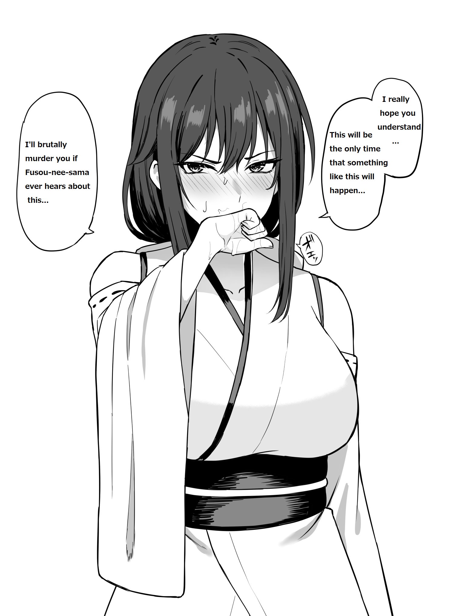 1girls, after blowjob, after fellatio, after oral, after sex, angry face, blush, cum, cum drip, cum in mouth, cum leaking, cum on face, embarrassed, female, fully clothed, glaring, kantai collection, male, male pubic hair, miko, pubes in mouth, pubes on face, pubic hair, pubic hair in mouth, pubic hair on face, pubic hair peek, shrine maiden, stray pubic hair, takaman (gaffe), wiping mouth, yamashiro (kantai collection)