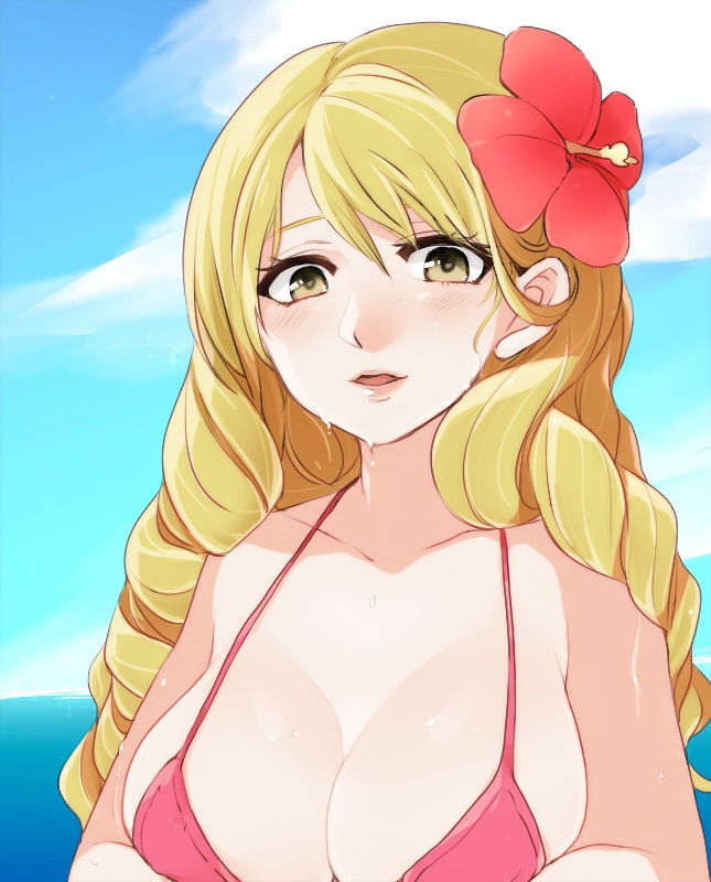 alternate_version_available beach big_breasts bikini blonde_hair blush cleavage curly_hair female female_only flower_in_hair kano_0 kengan_(series) kengan_ashura kurayoshi_rino long_hair looking_at_viewer official_alternate_costume outside parted_lips pink_bikini ringlets smile solo sweat swimsuit upper_body wet_skin yellow_eyes