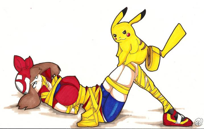 1boy 1girls angry angry_eyes angry_sub bandana big_breasts bondage breasts brown_hair dominant_feral dominant_pokemon female femsub huge_breasts jmkoto larger_female laying_on_back laying_on_ground legs male maledom may_(pokemon) nipple_bulge pikachu pokémon_(species) pokemon roll_of_tape size_difference small_dom_big_sub smaller_male tape tape_bondage tape_gag taped_arms taped_legs taped_mouth unhappy_female yellow_fur yellow_tape